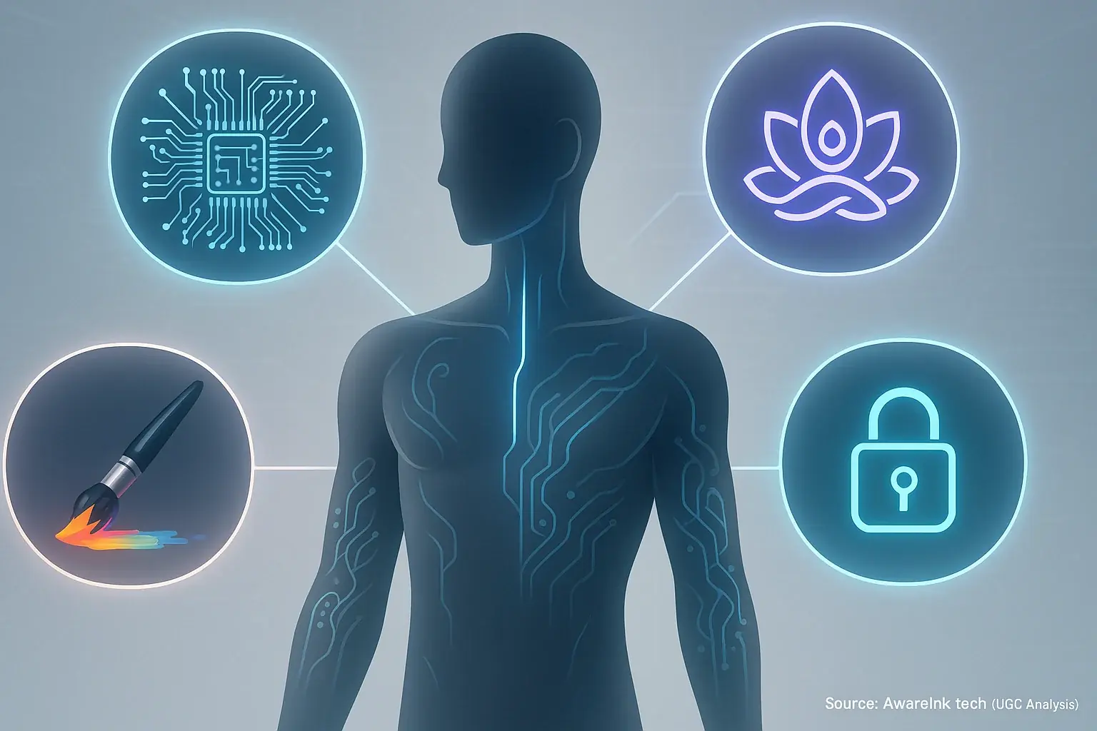 Futuristic abstract figure, glowing smart tattoos. Thought bubbles show interest paths: circuit, meditation, art, padlock.
