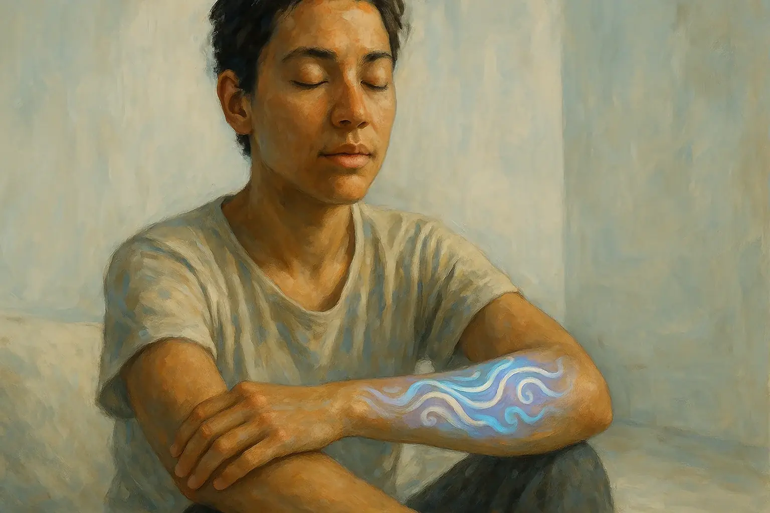 Person meditating, smart tattoo patterns on arm reflect internal peace, aiding deeper mindfulness.