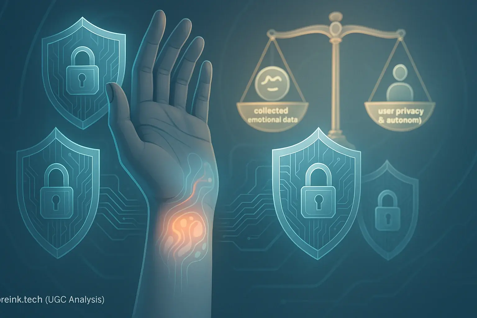 Stylized hand with smart tattoo, digital shields, padlocks, balanced scale, representing data security, privacy & ethics.