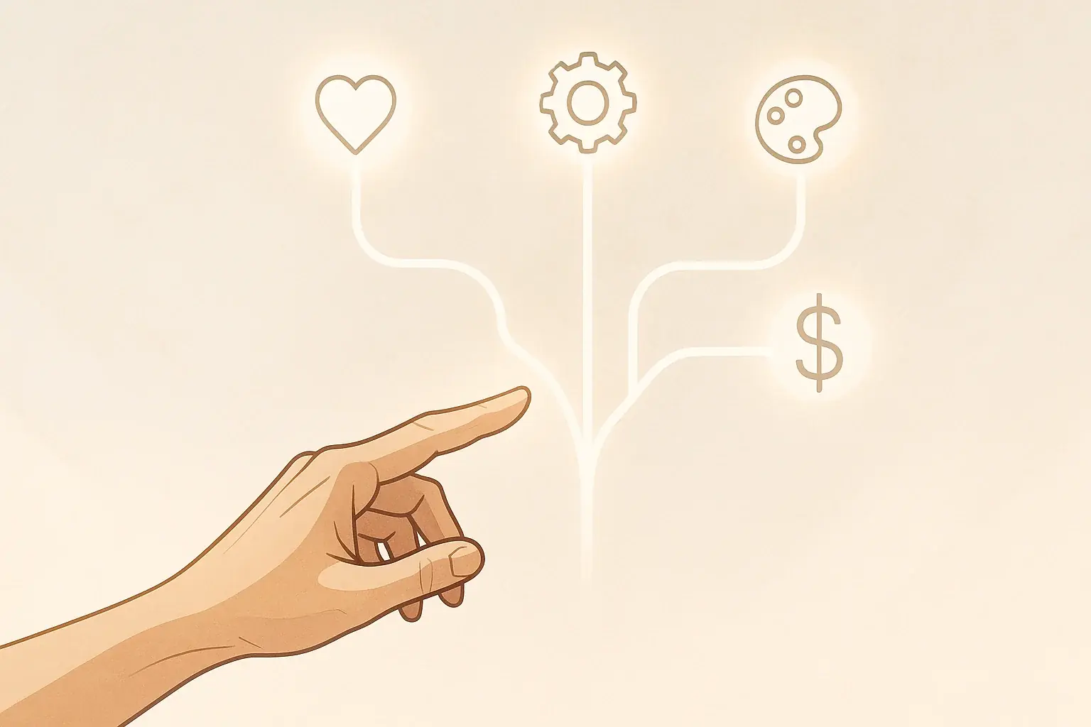 Stylized hand points to decision tree; icons (gear, heart, palette, $) show smart tattoo choice factors.