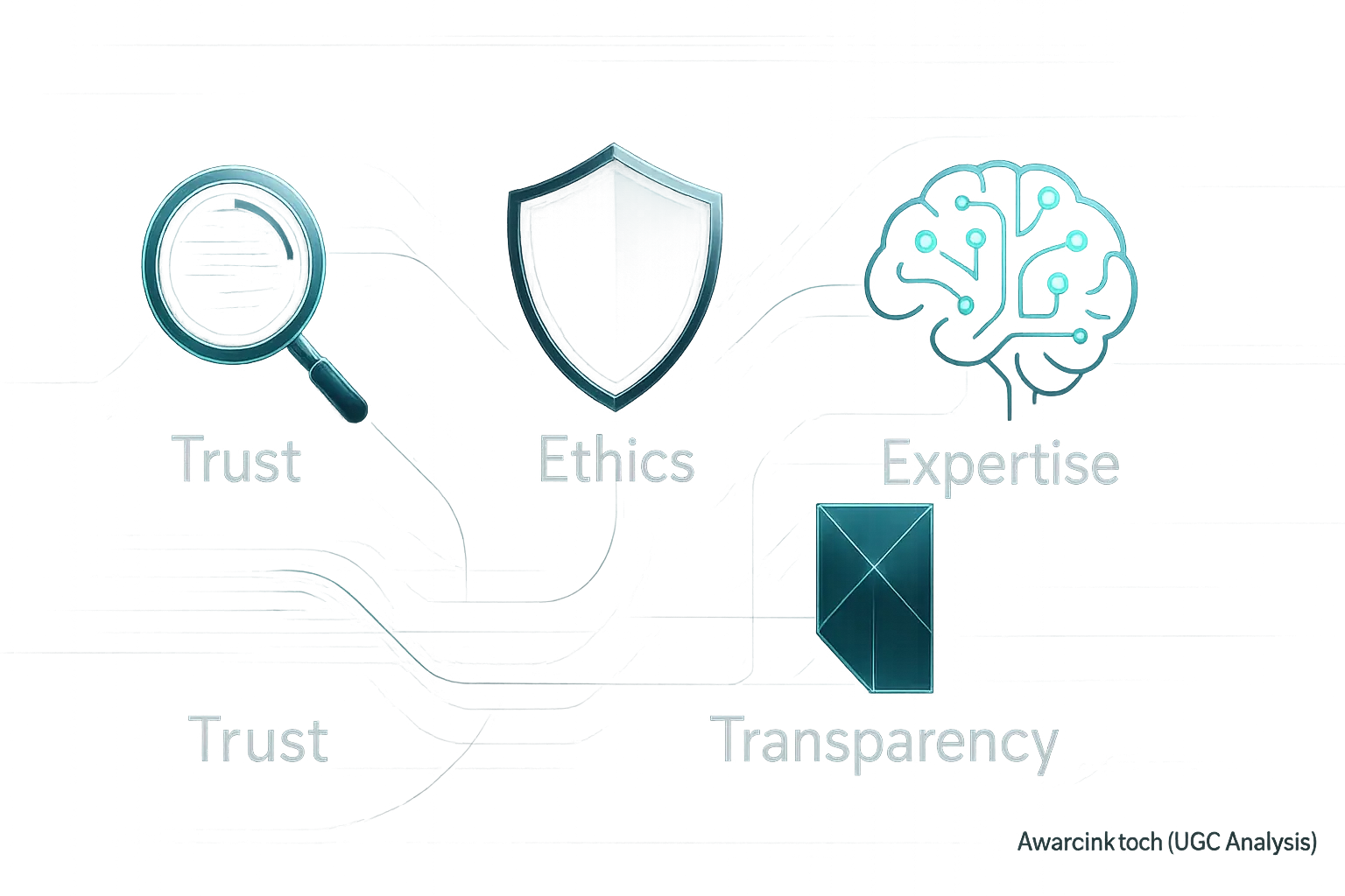 'Trust. Ethics. Expertise. Transparency.' text with intertwined icons (shield, brain, clear window) as AwareInk's core