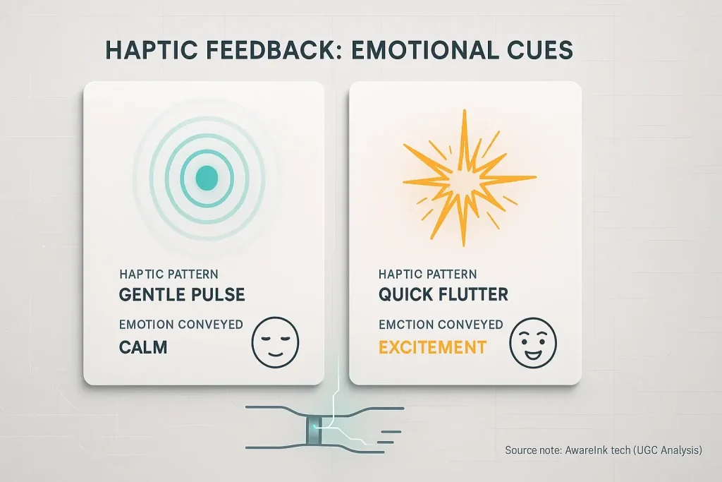 Haptic cues like pulse, buzz, or tap, visually linked to the emotions they signify: calm, alert, or excited.