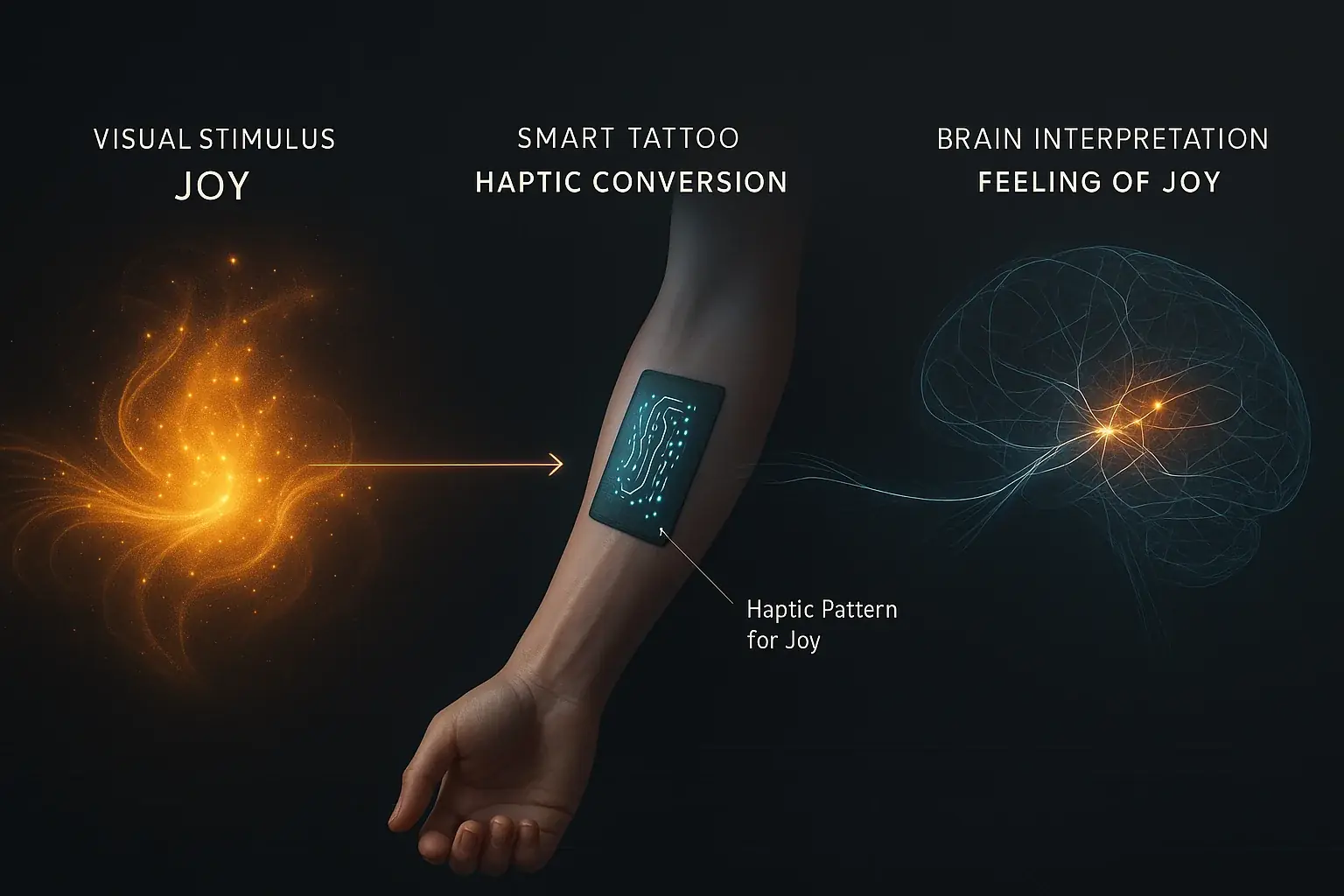 Conceptual diagram of sensory substitution: smart tattoo converts visual input to haptic pattern, interpreted by brain.