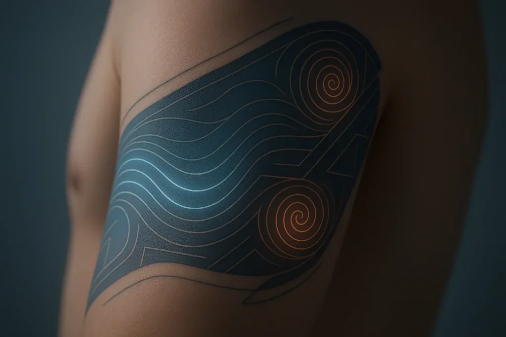 Arm with a seamlessly integrated smart tattoo, its glowing organic patterns dynamically shifting as a canvas for