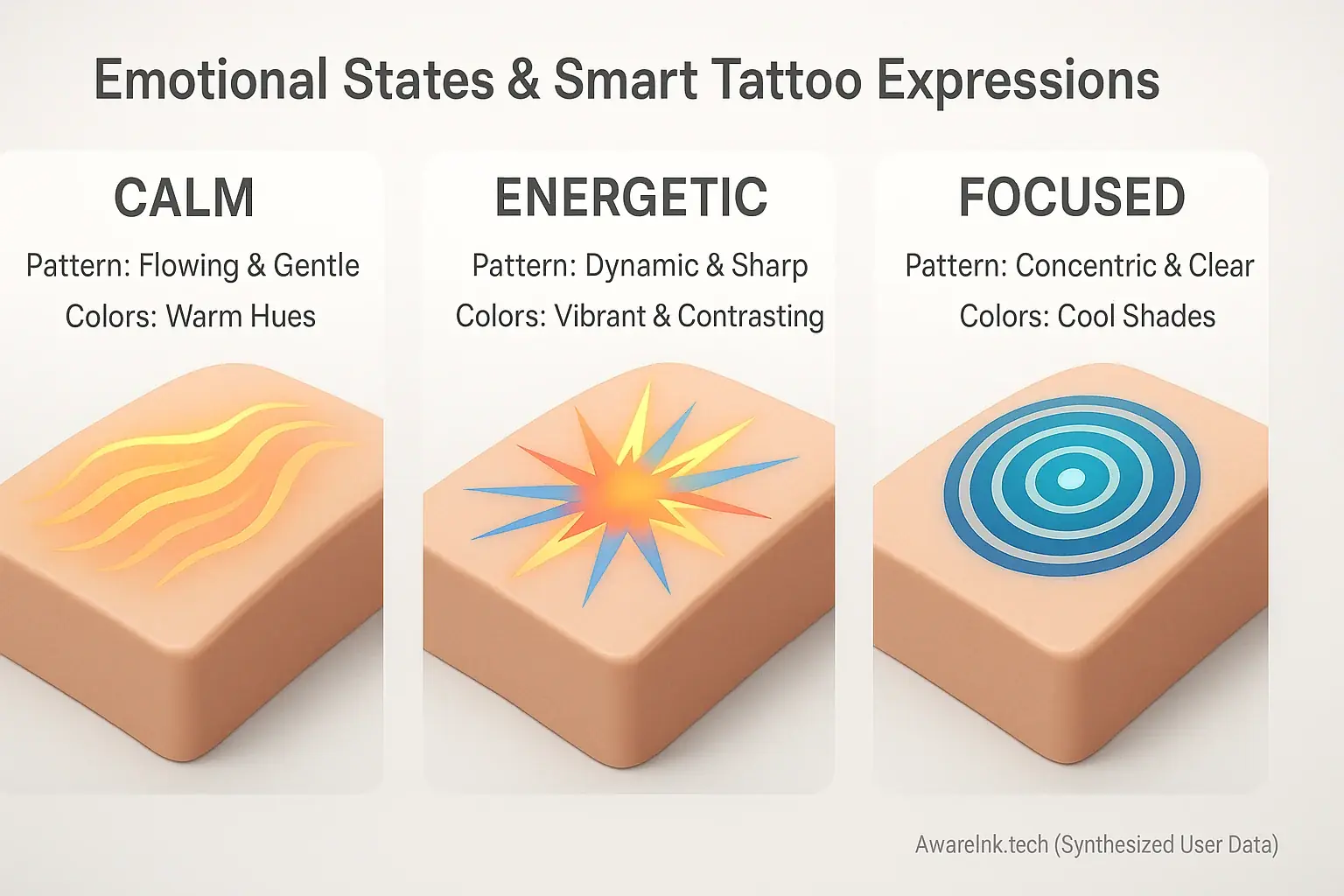 Infographic: Smart tattoos' vibrant, flowing patterns change color/form to reflect emotional states like calm or energetic.