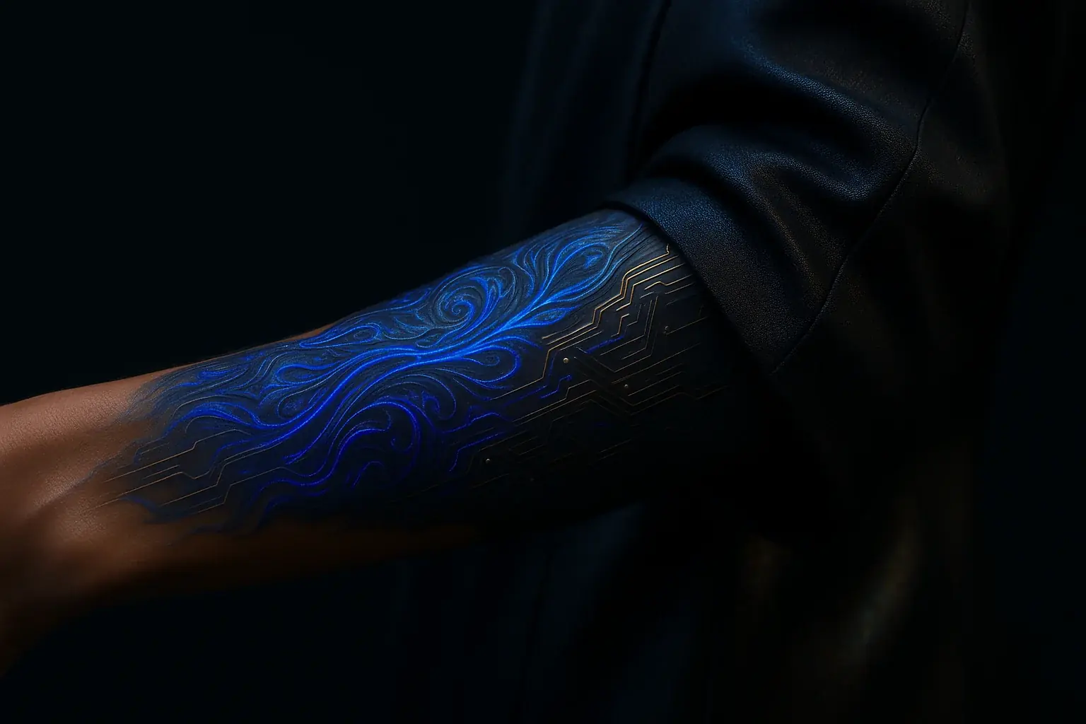 Intricate, dynamic, artistic smart tattoo on skin, seamlessly integrated with futuristic fashion; a digital art