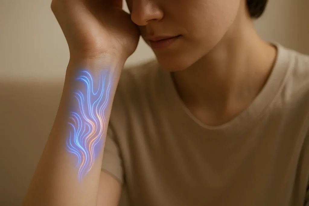 Person introspectively views vibrant, changing mood patterns on a subtle smart wrist tattoo.