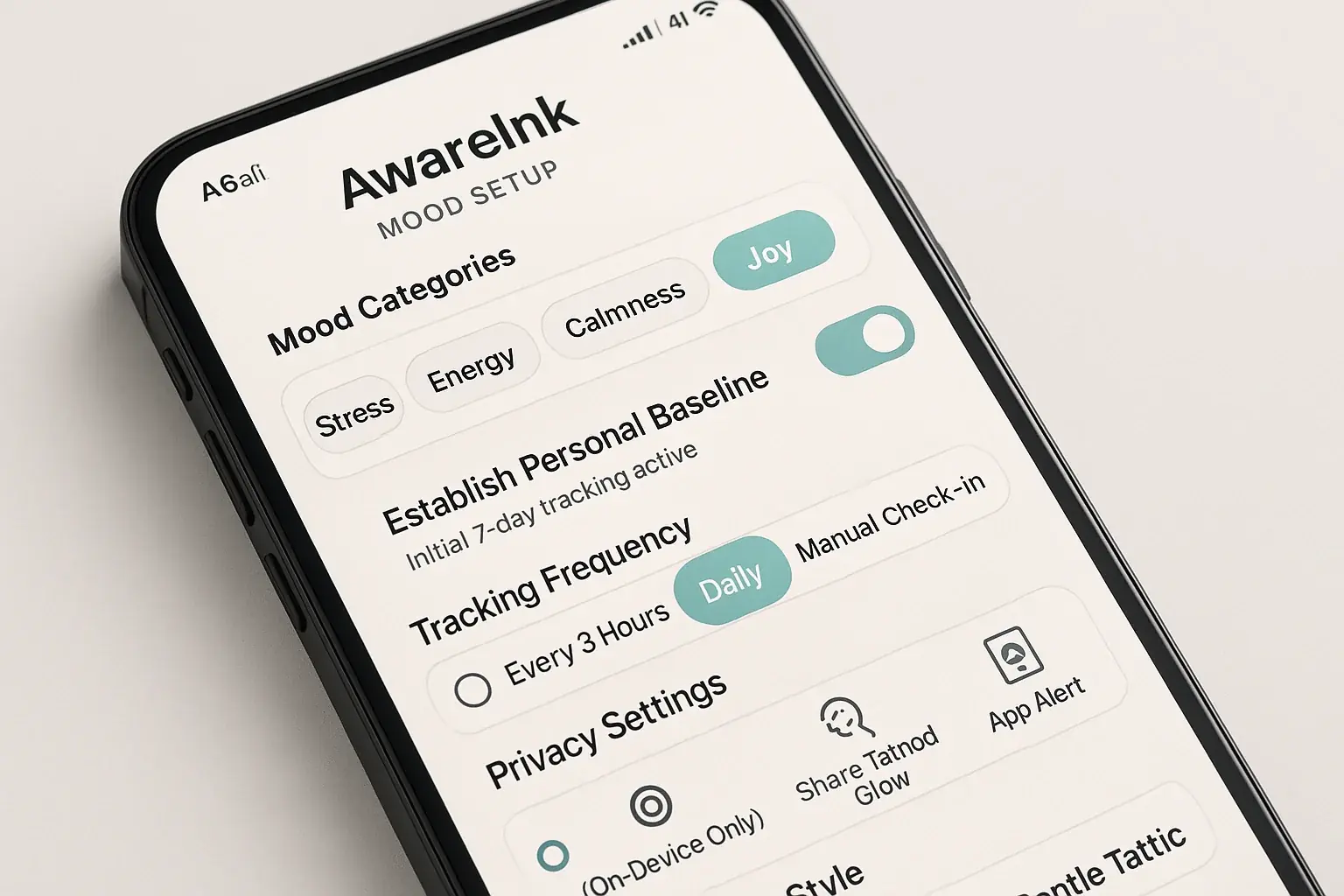 Smart tattoo app UI: setting mood tracking parameters like categories, frequency, privacy settings, and notification types.