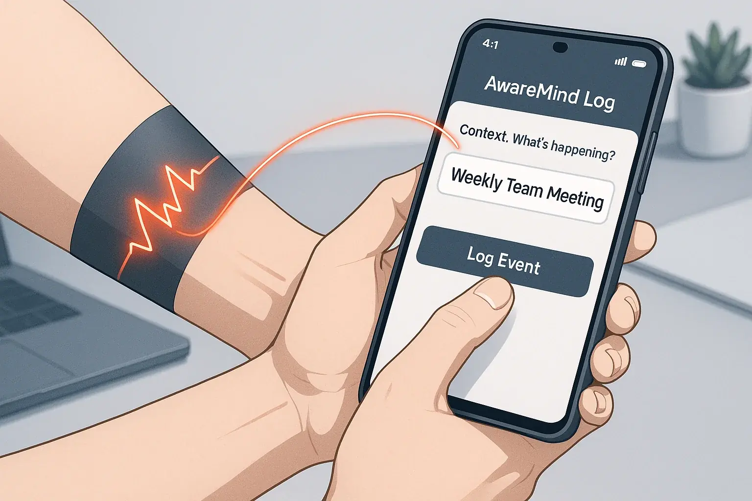 User simultaneously logs contextual factor on mobile app, its input field visually linked to smart tattoo.