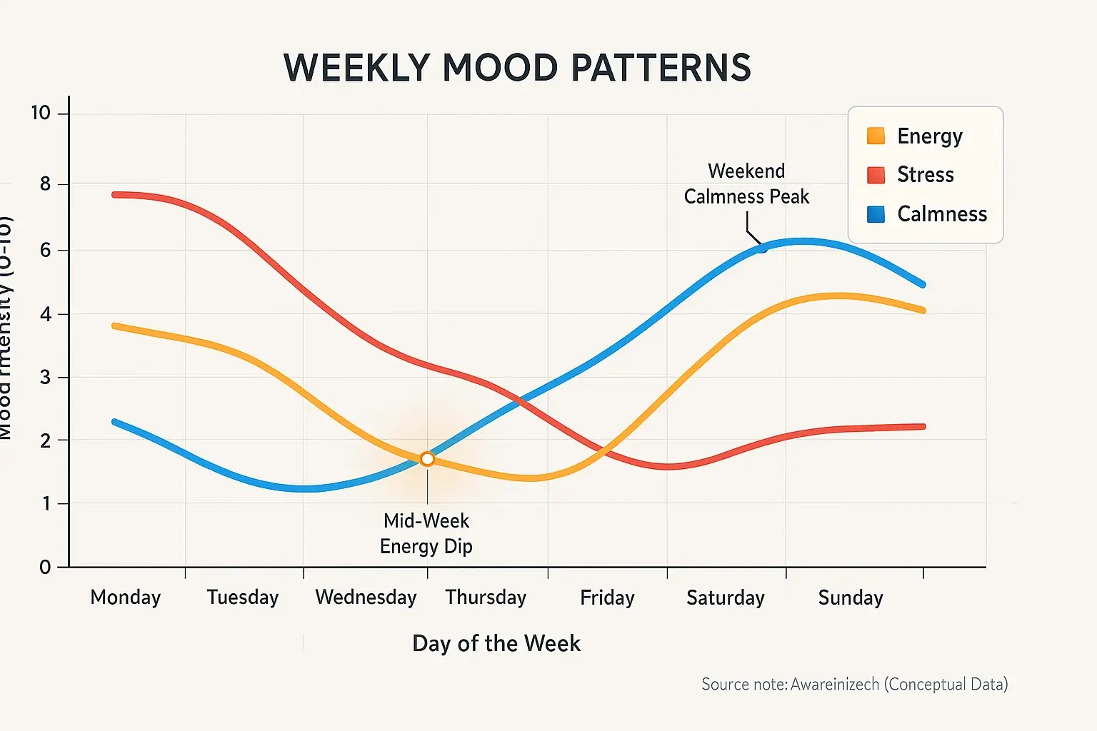 Line graph of weekly mood trends (stress, energy, calm) highlighting a recurring mid-week dip and weekend energy peak.
