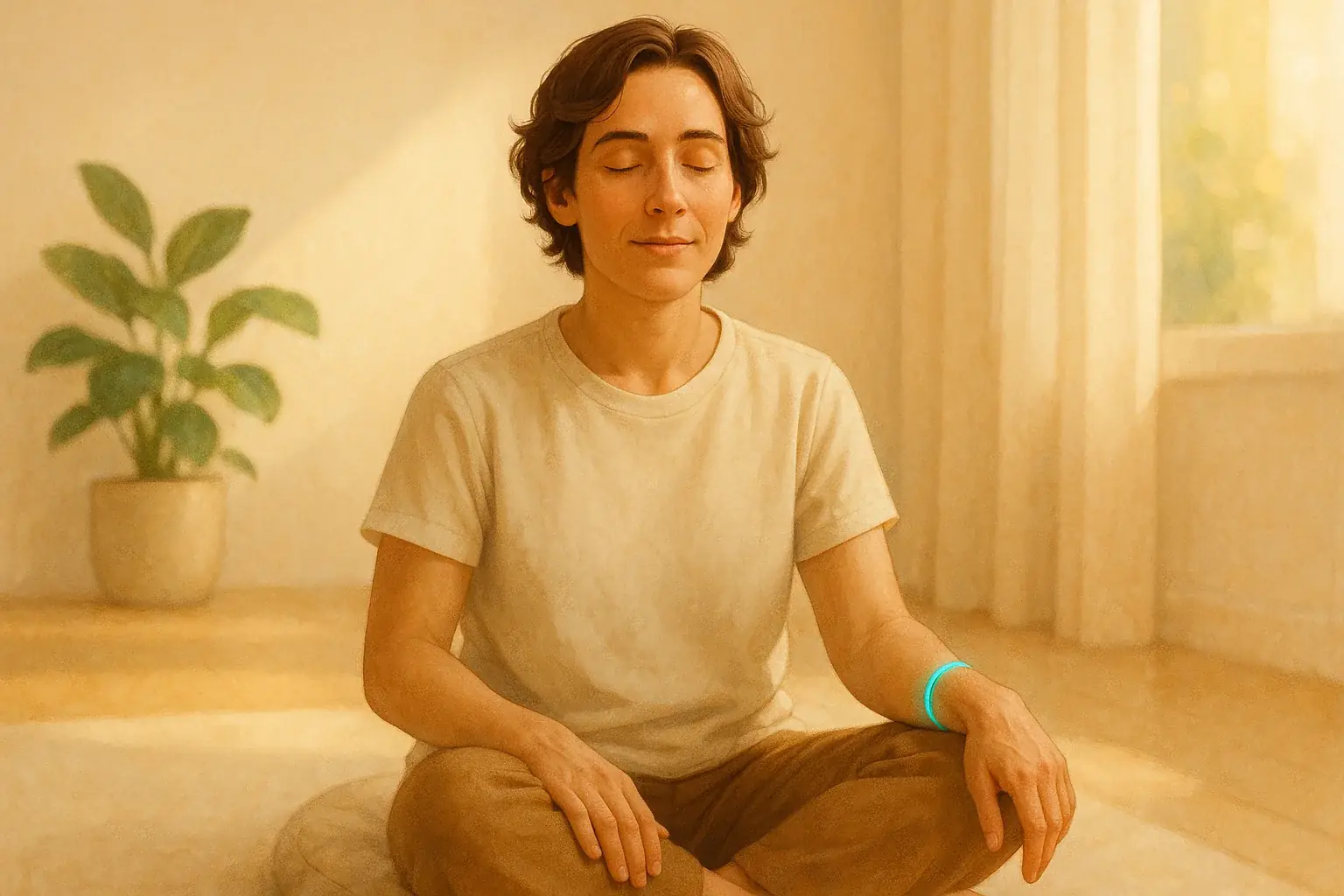 Person calmly acts on mood insights from smart wrist tattoo, choosing a positive, empowering lifestyle.