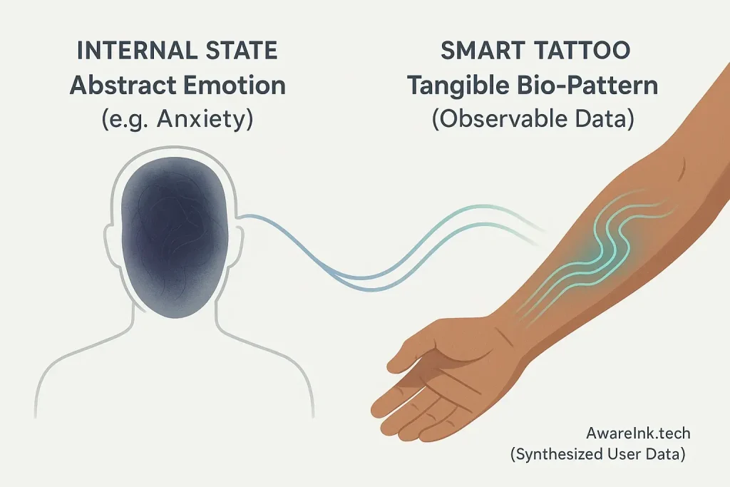 Infographic: Flowing emotions become visible, tangible patterns on a smart tattoo, symbolizing experiential learning.