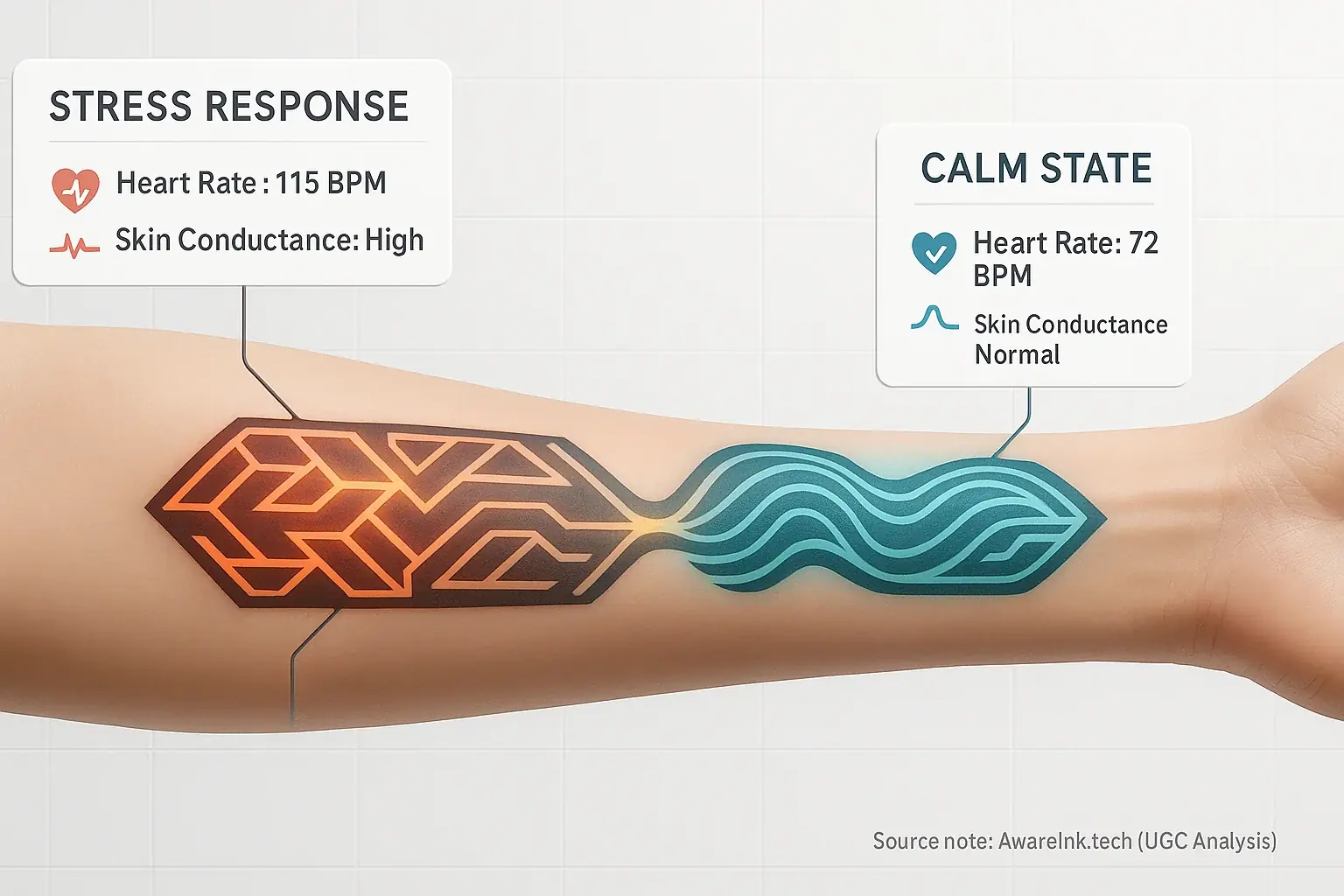 Smart tattoo on arm visually shows shift from stress (high heart rate) to calm, making emotional state visible during