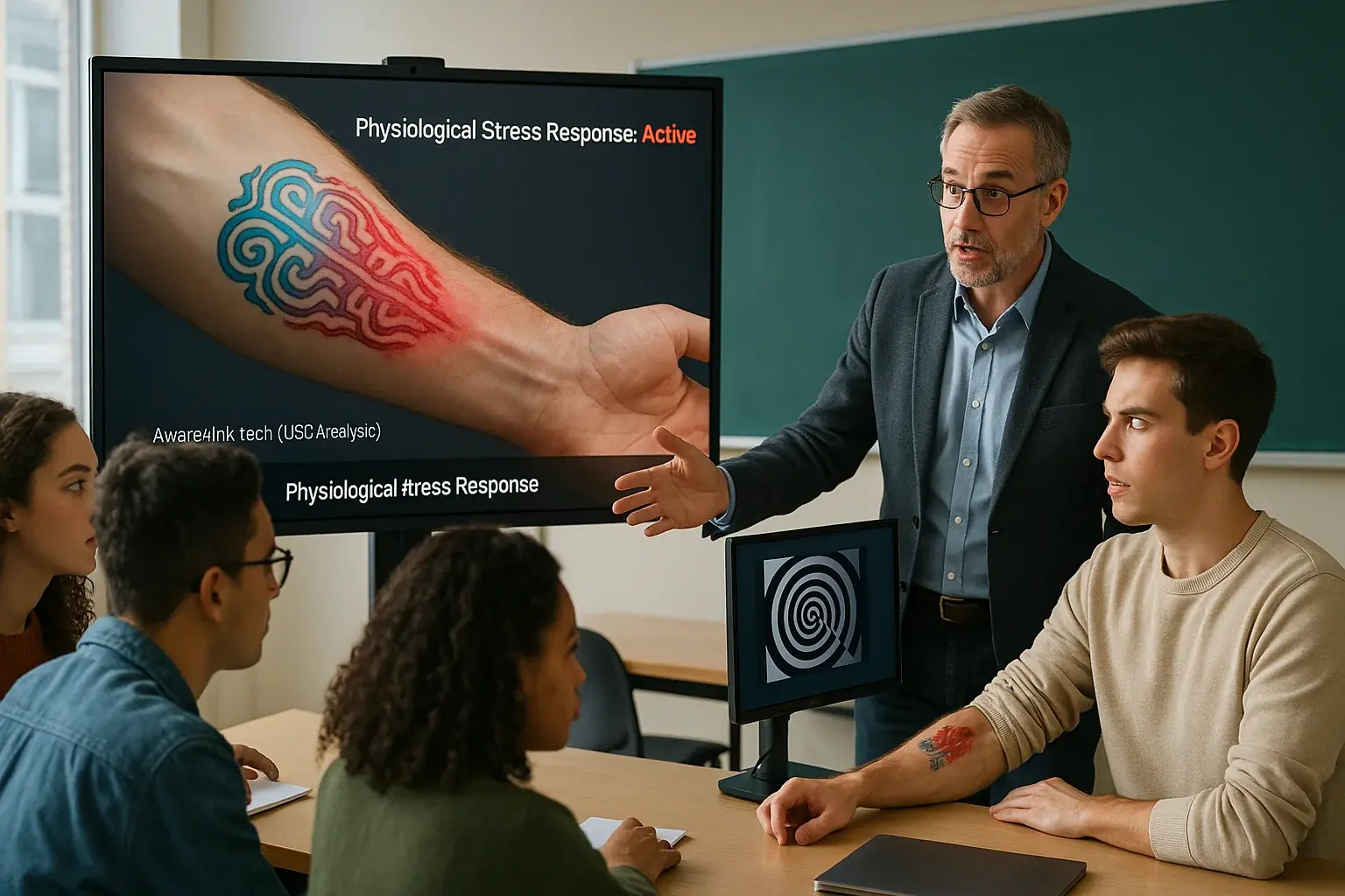 Diverse students observe a magnified smart tattoo's dynamic pattern changing on an arm in a live psychology lab.