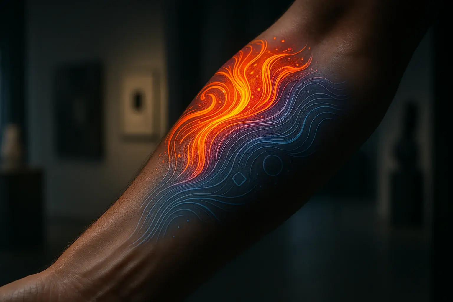 Stylized smart tattoo on arm glows, dynamic patterns embodying 'Art That Feels' in creative education.
