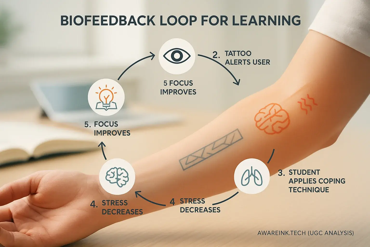 Infographic: Student's smart tattoo biofeedback loop with icons: stress signal, coping, tattoo calms, leading to improved