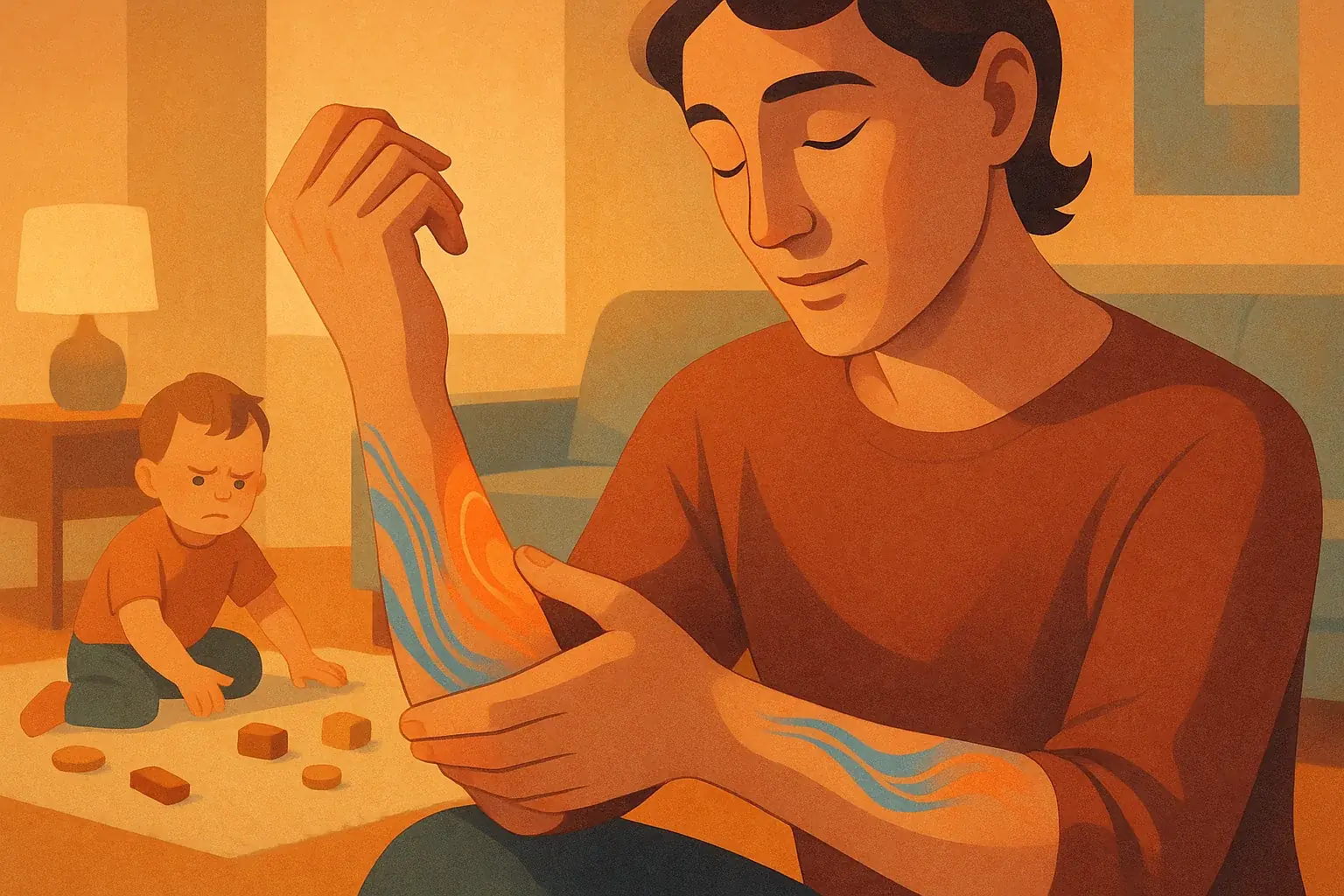 Warm illustration: Parent's smart tattoo subtly shifts, symbolizing enhanced empathy as they calmly observe their child.