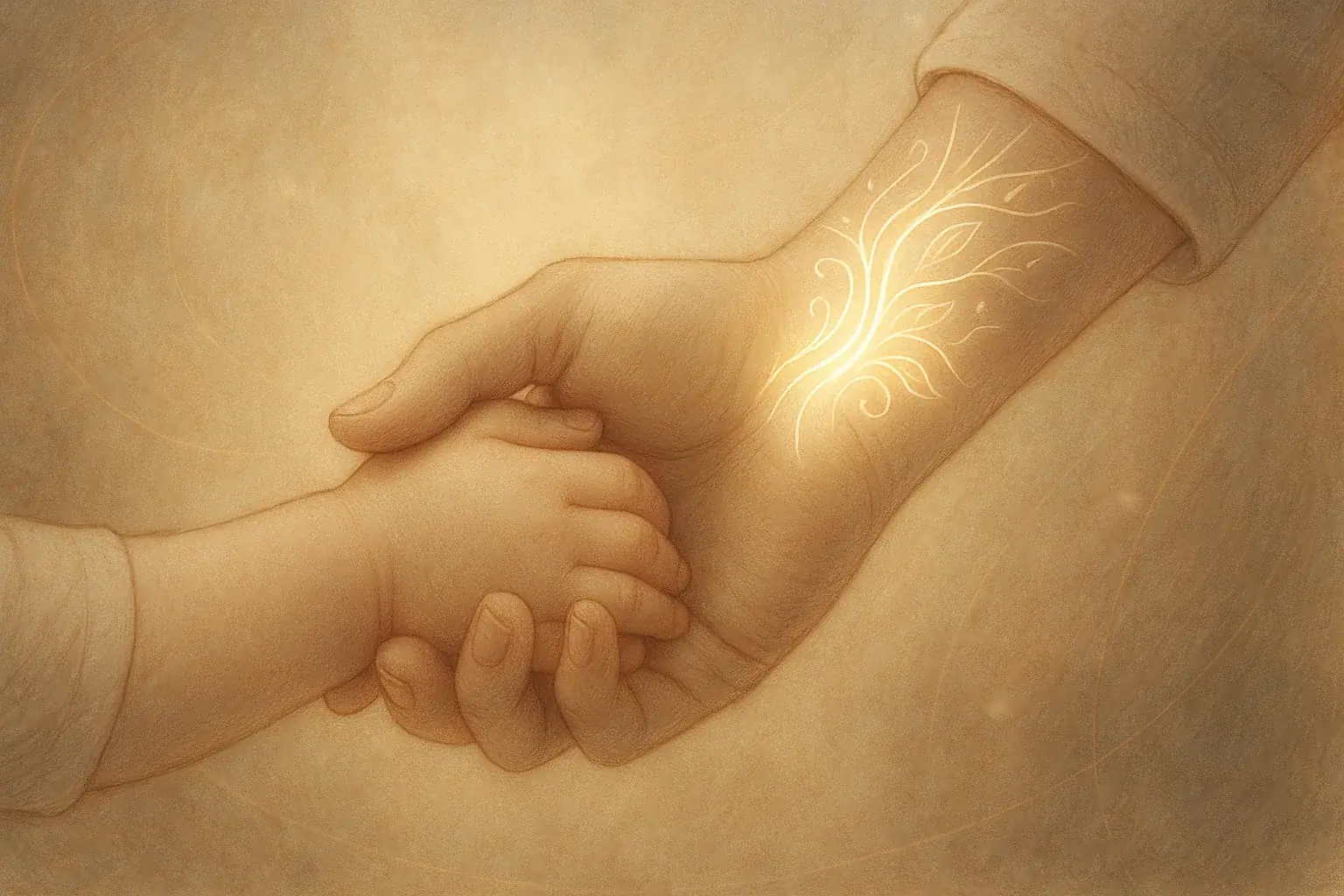 Intertwined parent-child hands; a softly glowing smart tattoo on the parent's wrist aids empathetic connection and insight.