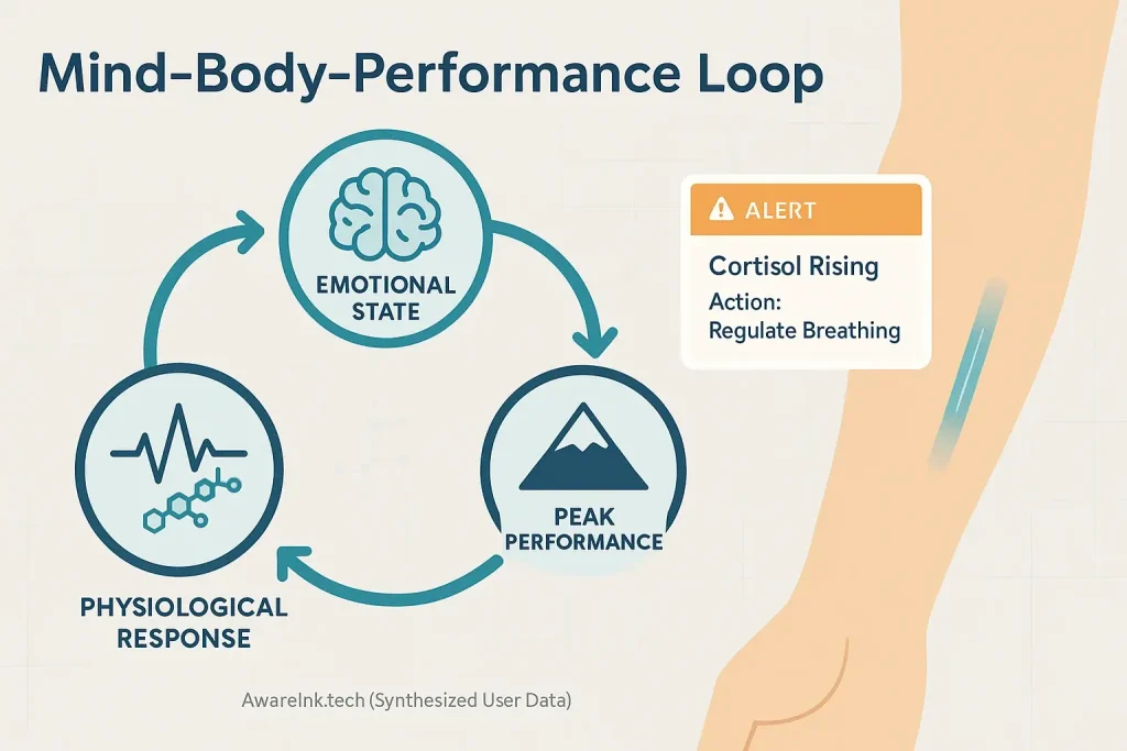 Infographic: The interconnected Mind-Body-Performance Loop, where smart tattoos monitor states to optimize performance.
