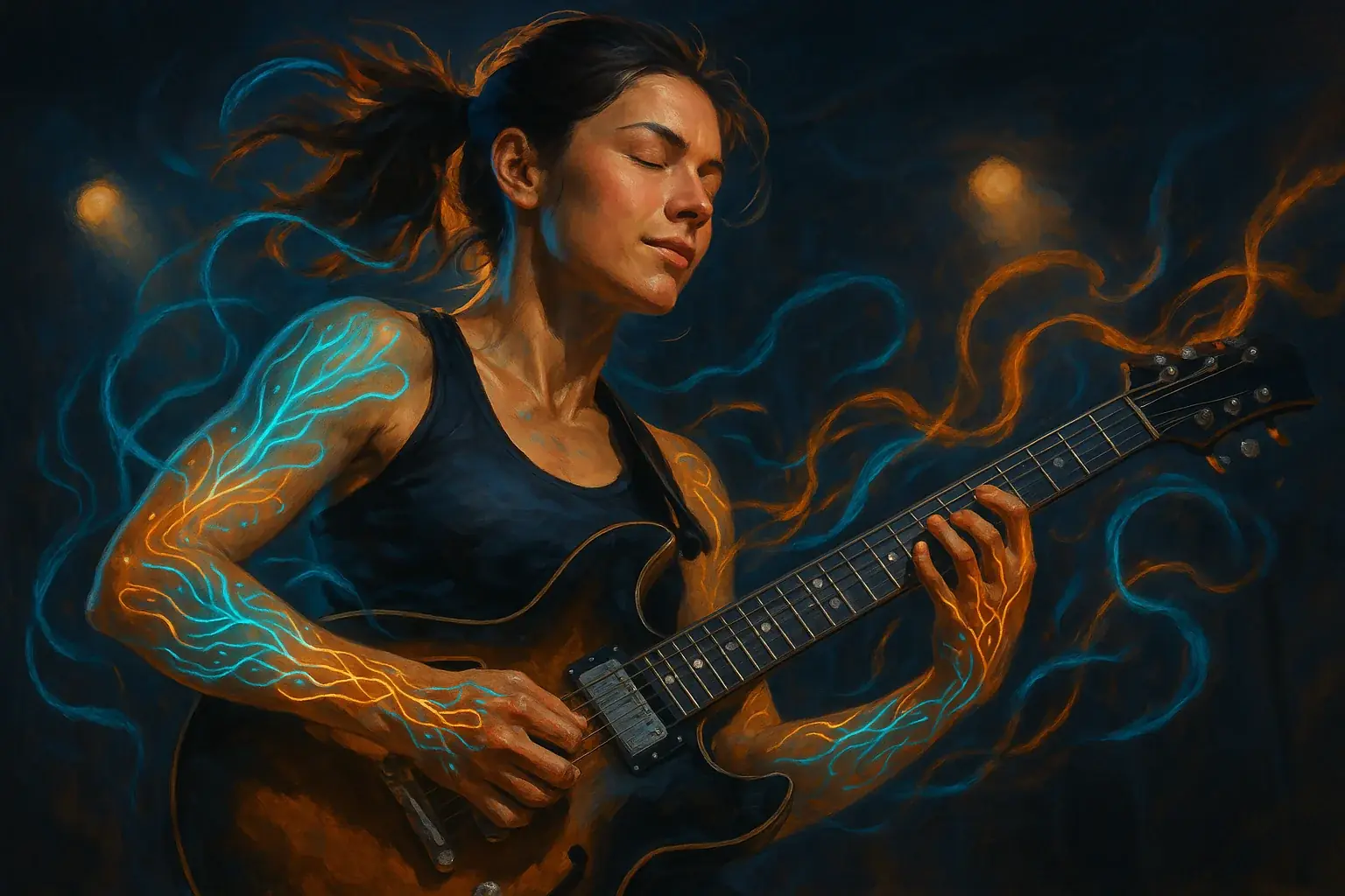 Energetic athlete in flow state; glowing smart tattoos on skin signal peak mental and physiological harmony.