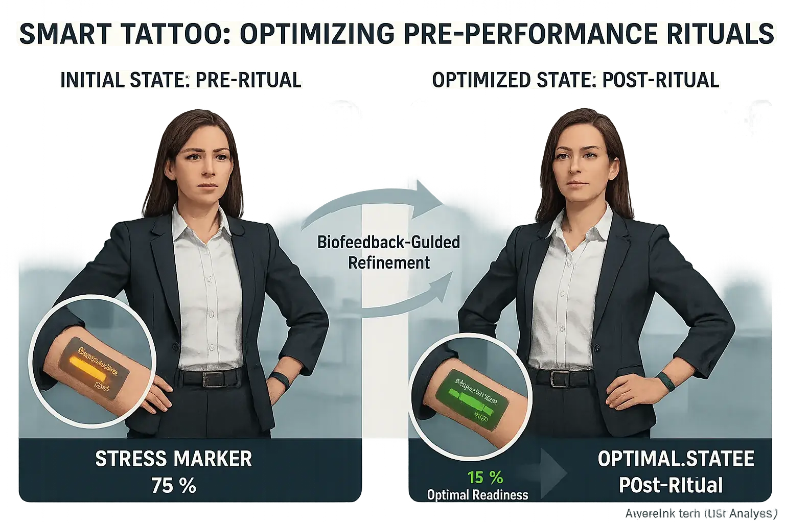 Person&#x27;s pre-performance routine progression; smart tattoo visually confirms optimal physiological readiness achieved.