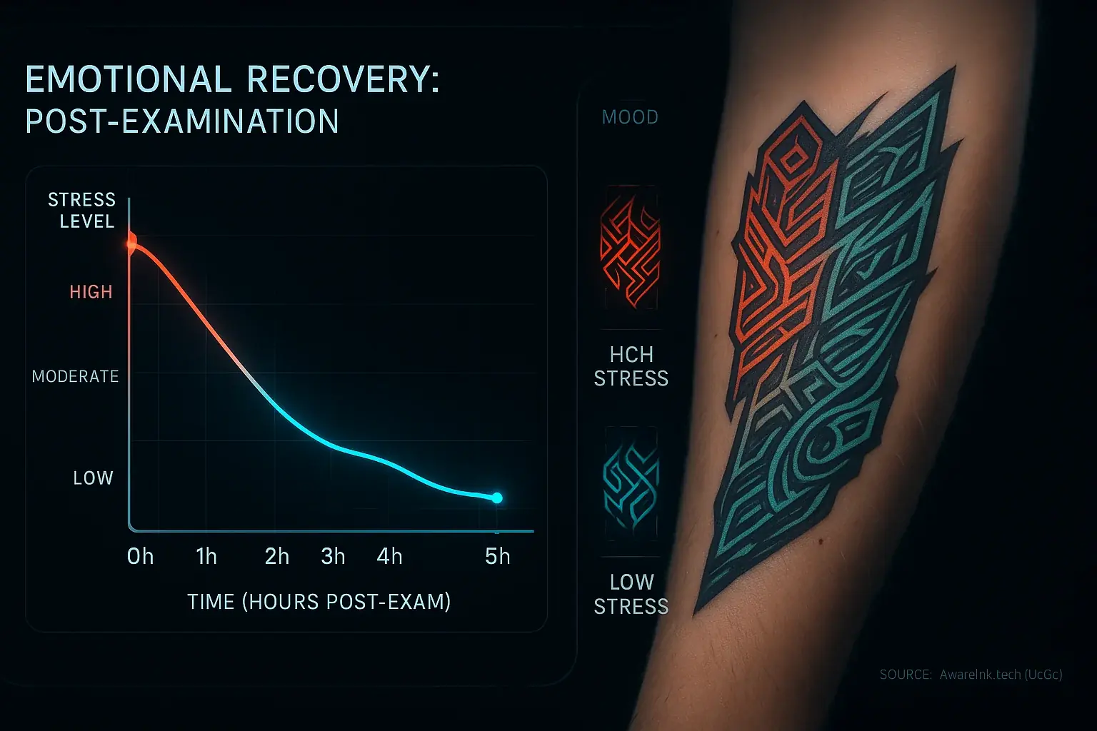 Line graph visualizes emotional recovery over time post-event; smart tattoo mirrors decreasing stress levels.