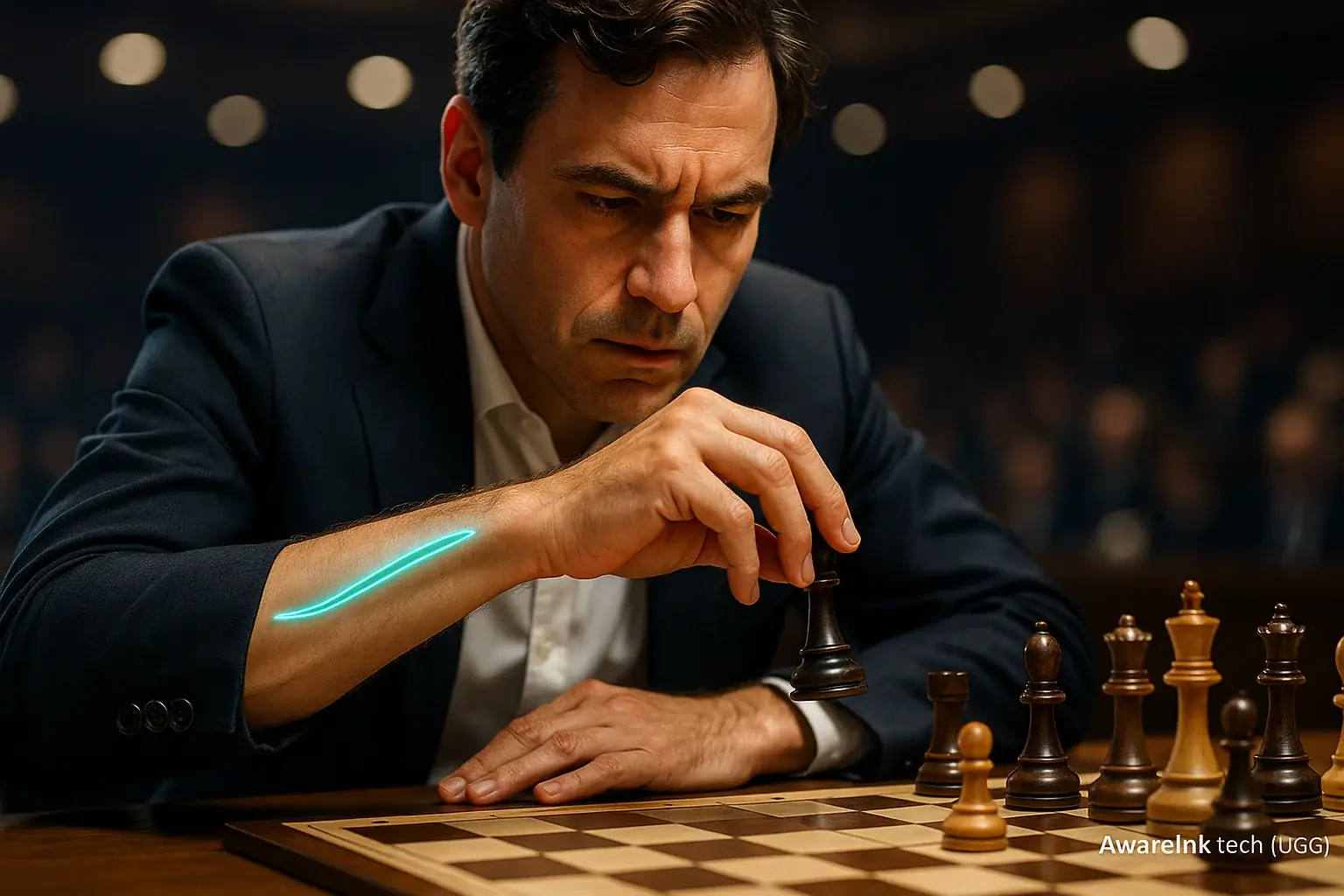 Calm, focused person in high-pressure moment, smart tattoo indicating mental fortitude for clutch control, preventing
