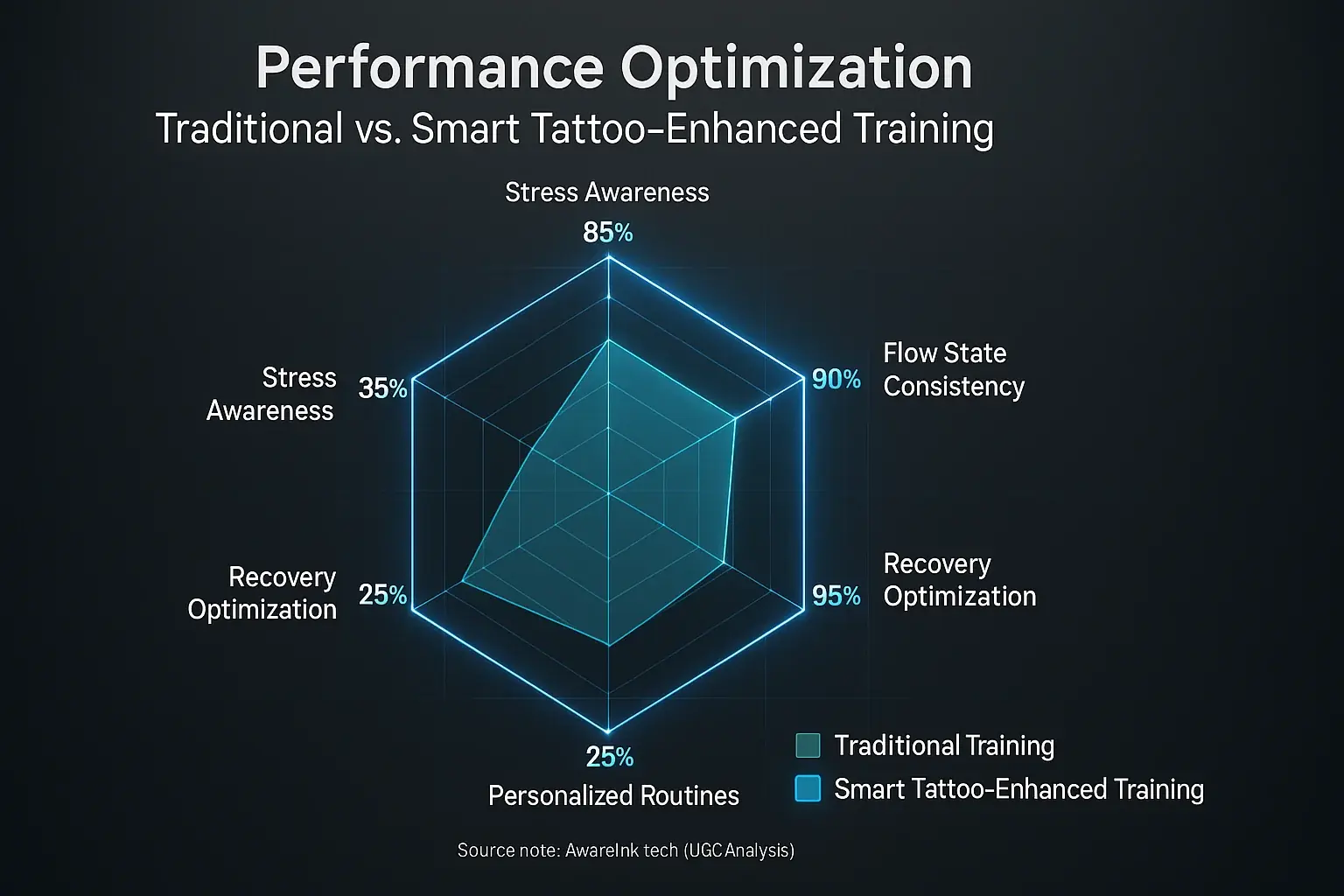 Chart: Smart tattoos outperform traditional methods in stress awareness, flow consistency, recovery, &amp; personalization.
