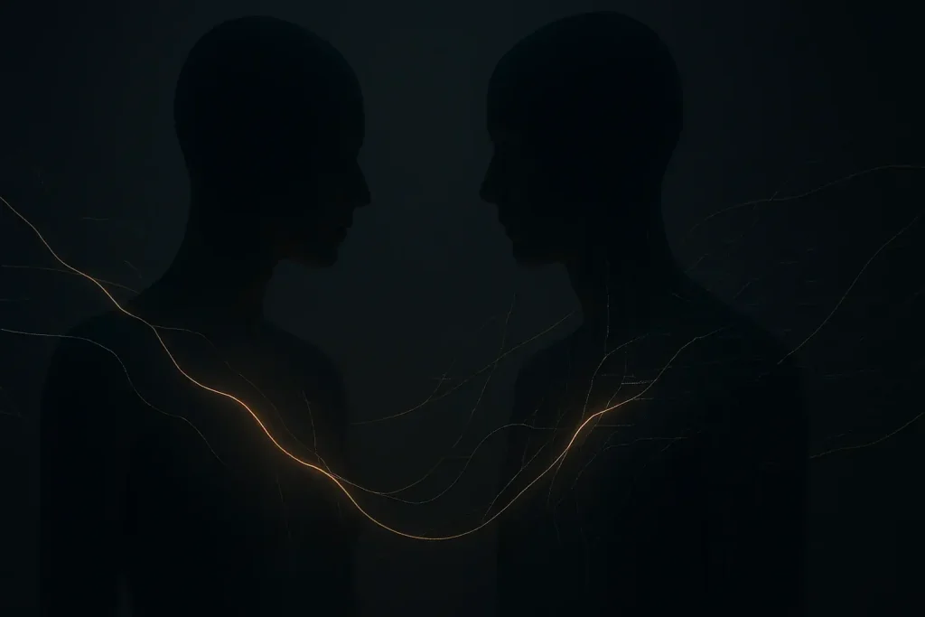 Glowing smart tattoo data links two figures; tangled lines show mood tech's blend of relational connection and confusion.