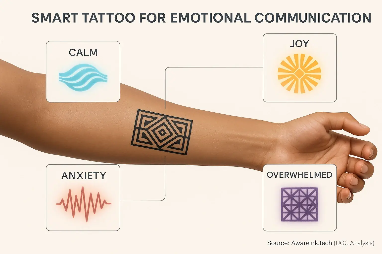 Infographic: Smart tattoo visual cues (color/pattern) correlate with emotions, enhancing non-verbal communication for