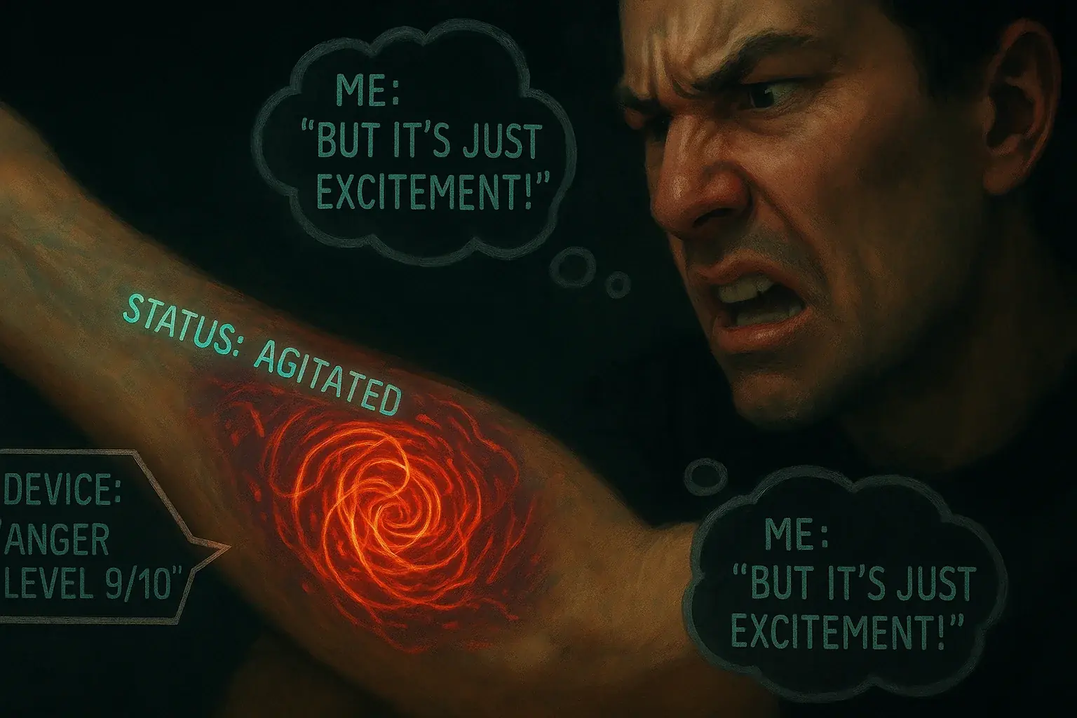 Smart tattoo's 'stress' reading misinterpreted by a confused user, whose expression and thoughts conflict.
