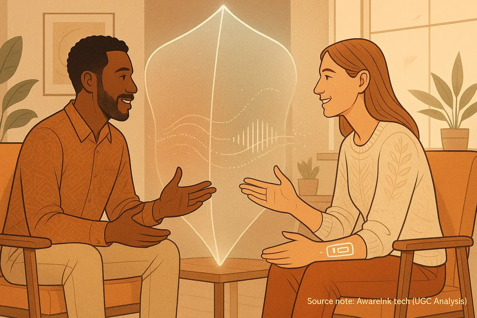 Two people in respectful dialogue, a visual shield between them representing healthy rules for shared tech.