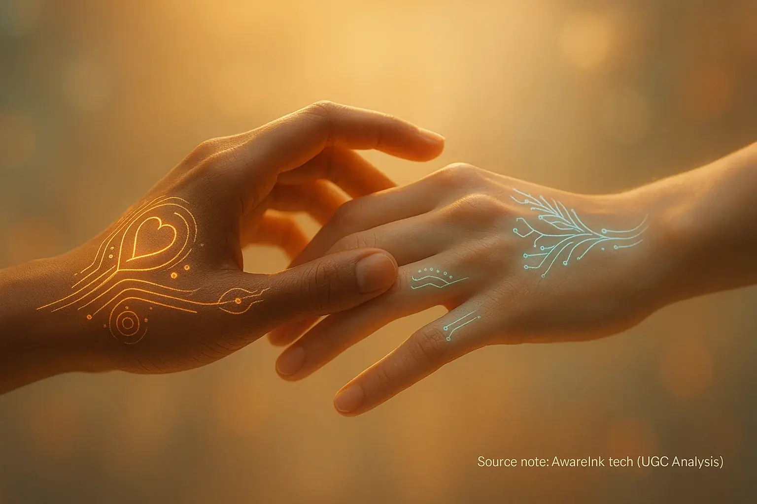Gently touching hands with subtle, glowing smart tattoos, symbolizing tech harmonizing with human connection.