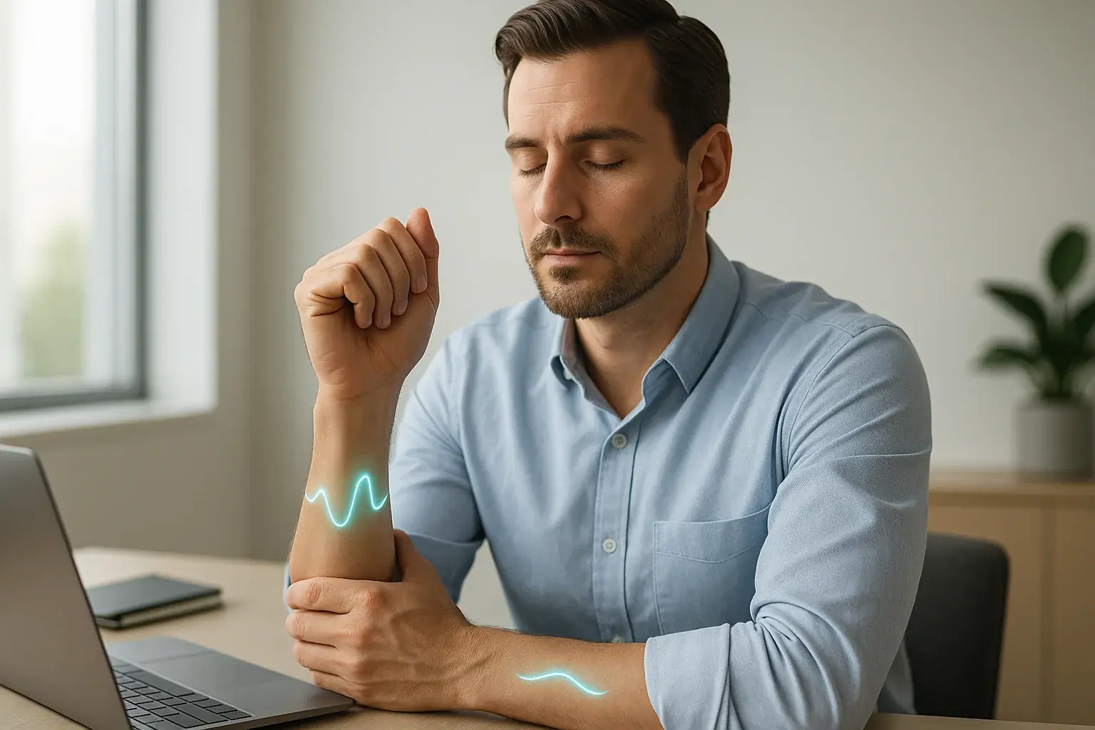 Professional in calm office, wrist smart tattoo glows, reflecting balanced emotions for smarter work-life.