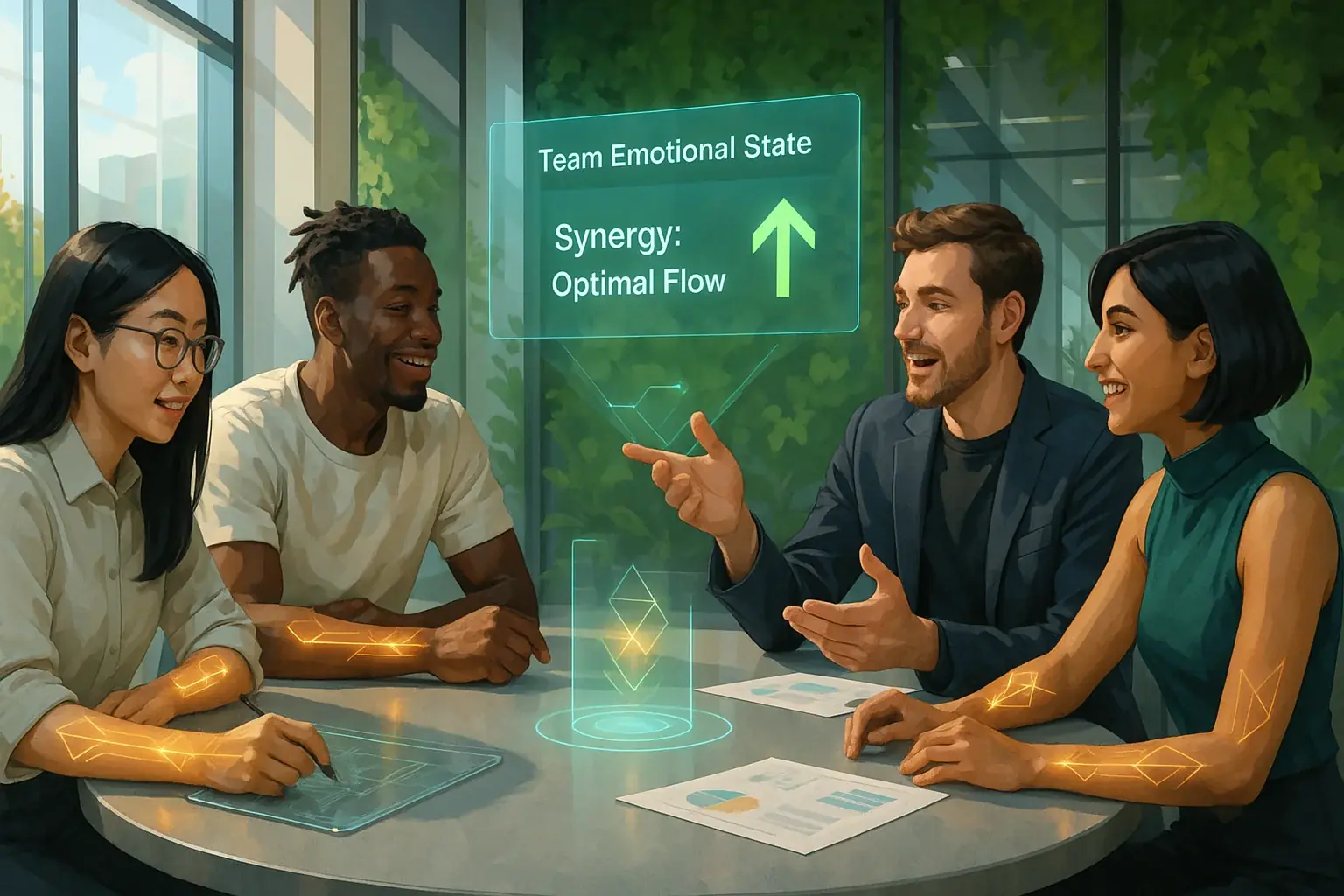 Diverse team collaborates in a modern office, smart tattoos glowing, showing shared positive emotions and team synergy.