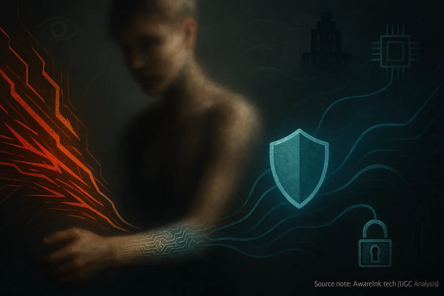Blurred figure with smart tattoo; data streams flow, some shielded, showing workplace privacy & ethical lines.