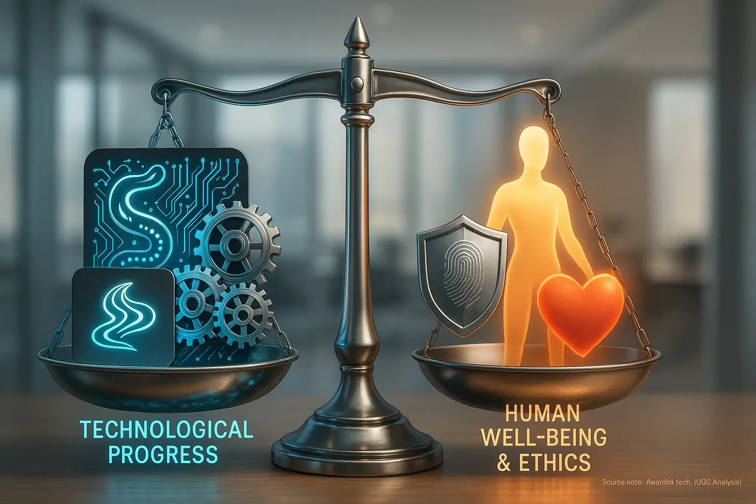 Scale perfectly balancing tech progress (gears, circuits) and human well-being & ethics (heart, shield).
