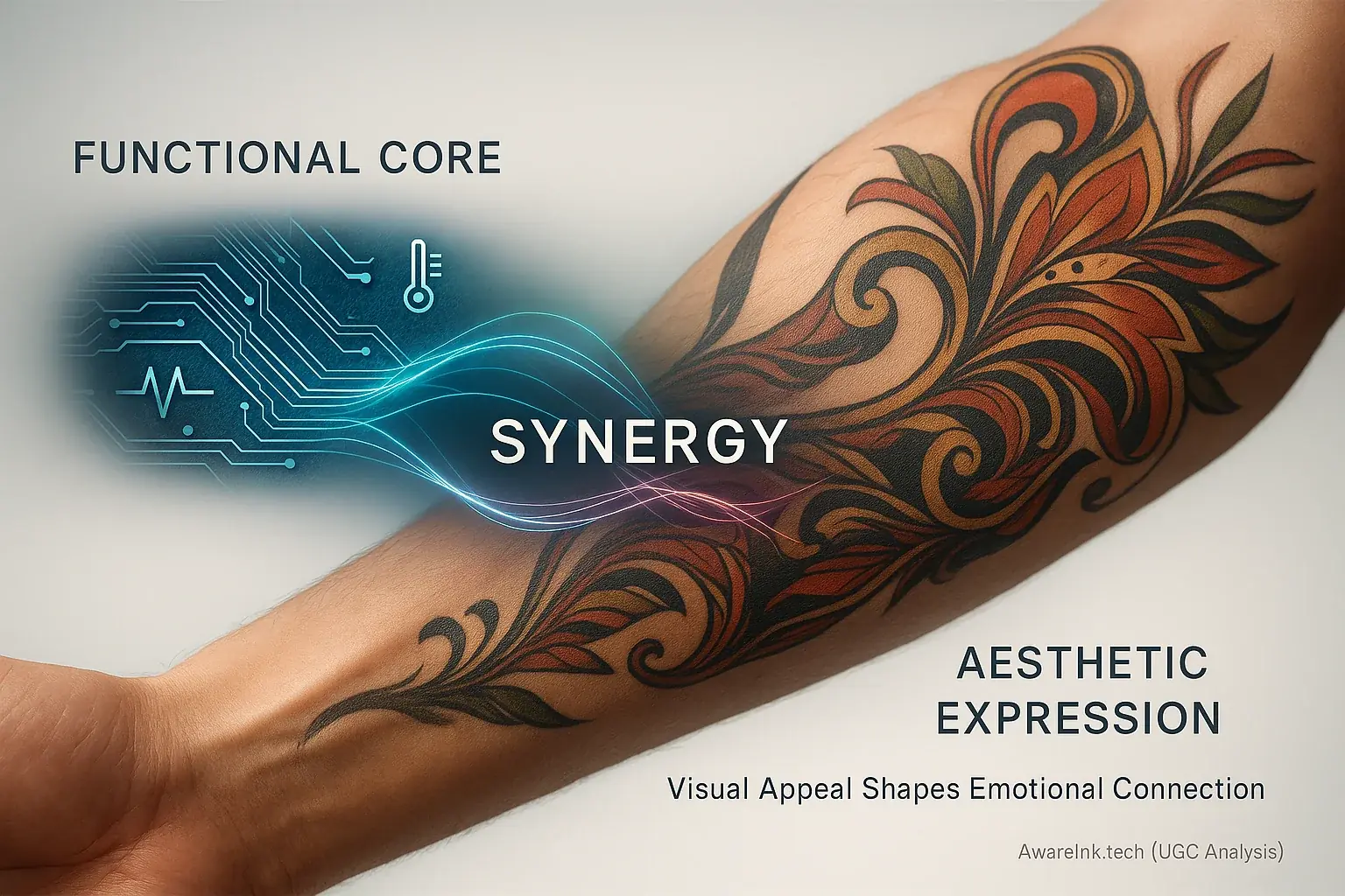 Infographic: Flowing lines link smart tattoo tech & art, highlighting aesthetic's vital role in user experience & expression.
