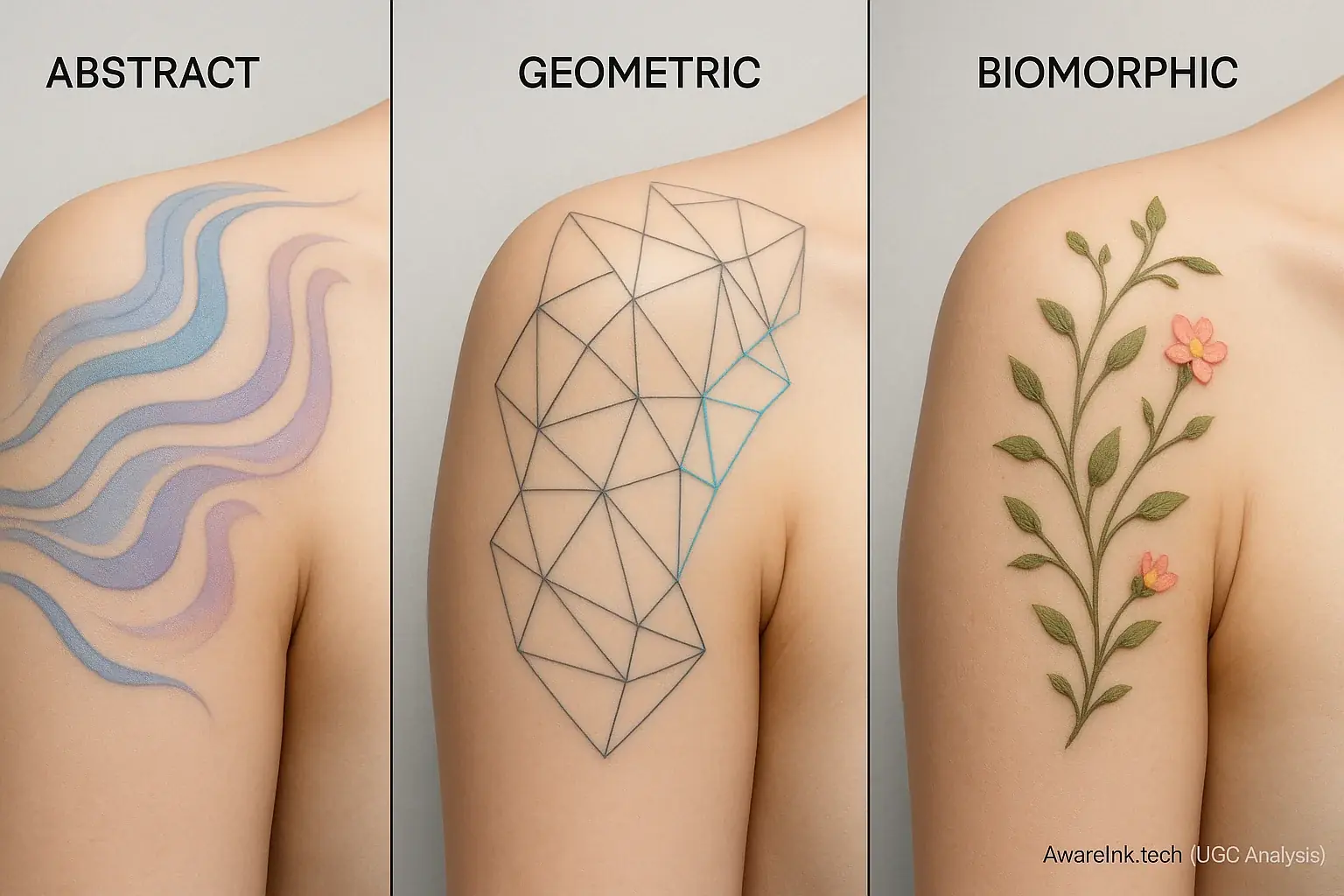 Three smart tattoo patterns—abstract, geometric, biomorphic—conceptually shifting to aid mood style selection.