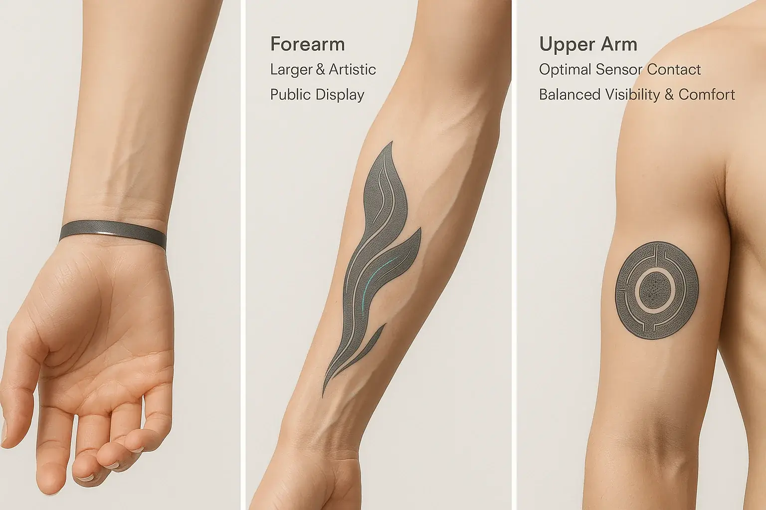 Anatomical illustration: smart tattoo placements on wrist, arm, neck, collarbone, showing size, visibility, and comfortable