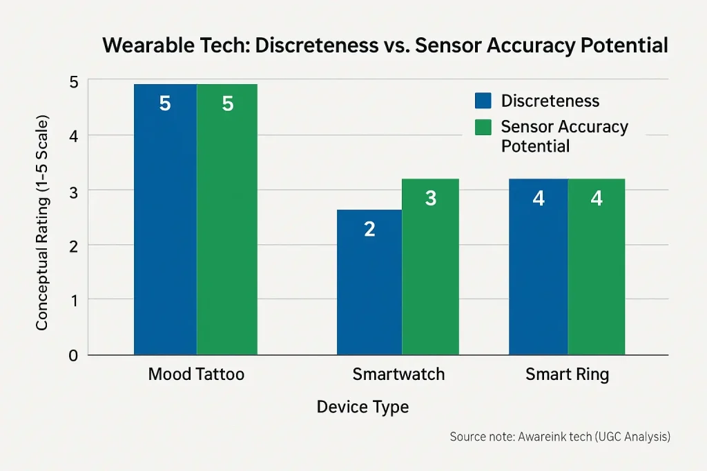 Bar chart: Tattoos: high discreteness, low accuracy. Watches: high accuracy, low discreteness. Rings: balanced.
