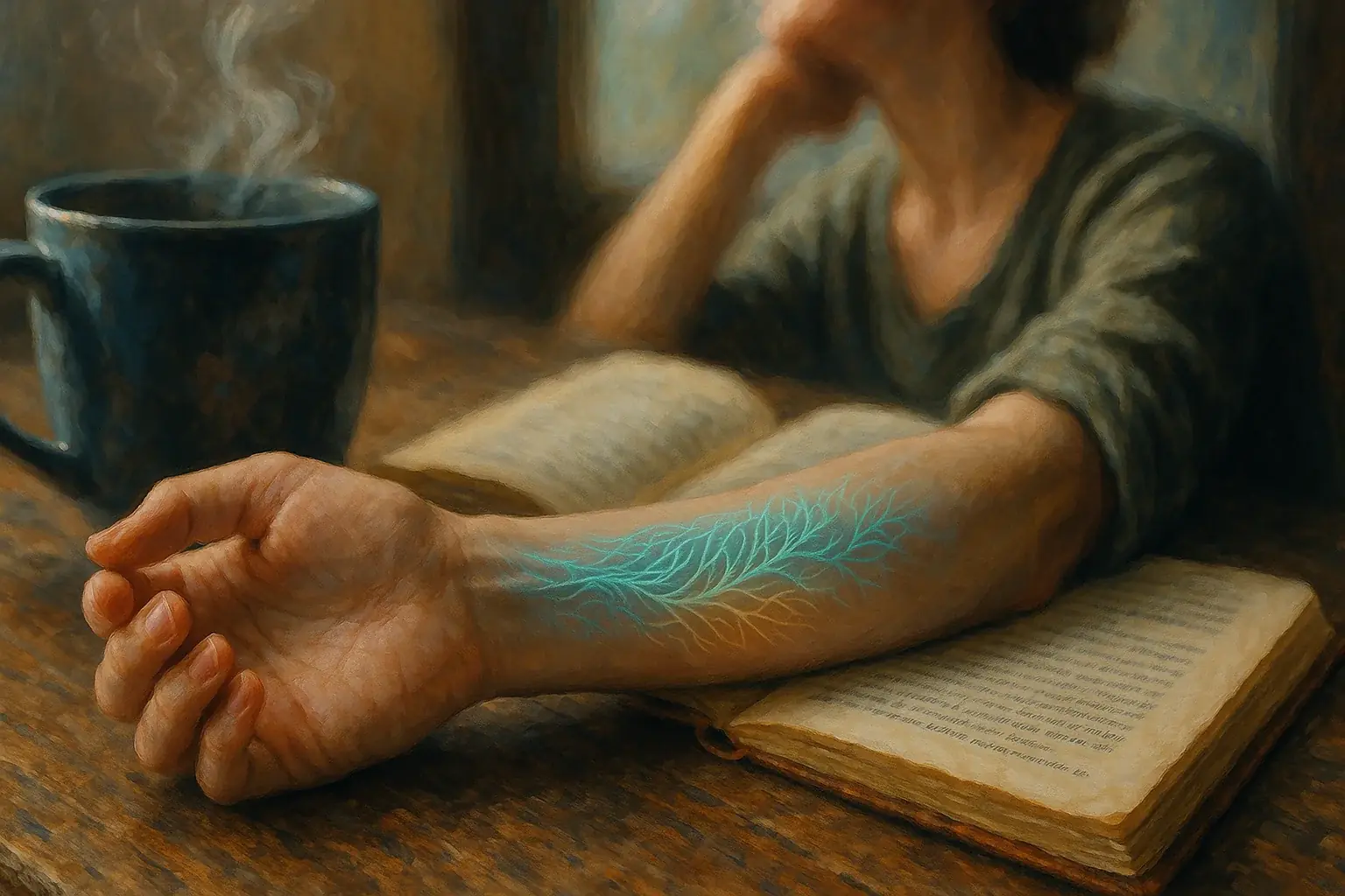Mood-adaptive smart tattoo on a wrist subtly shifting color, showcasing its unique personal expression and seamless
