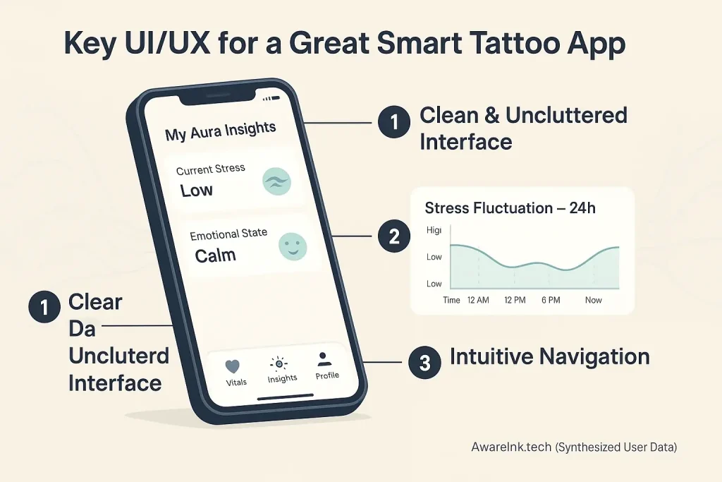 Infographic: Key UI/UX elements—clean layout, easy navigation, clear data—critical for a tattoo app's first impression.
