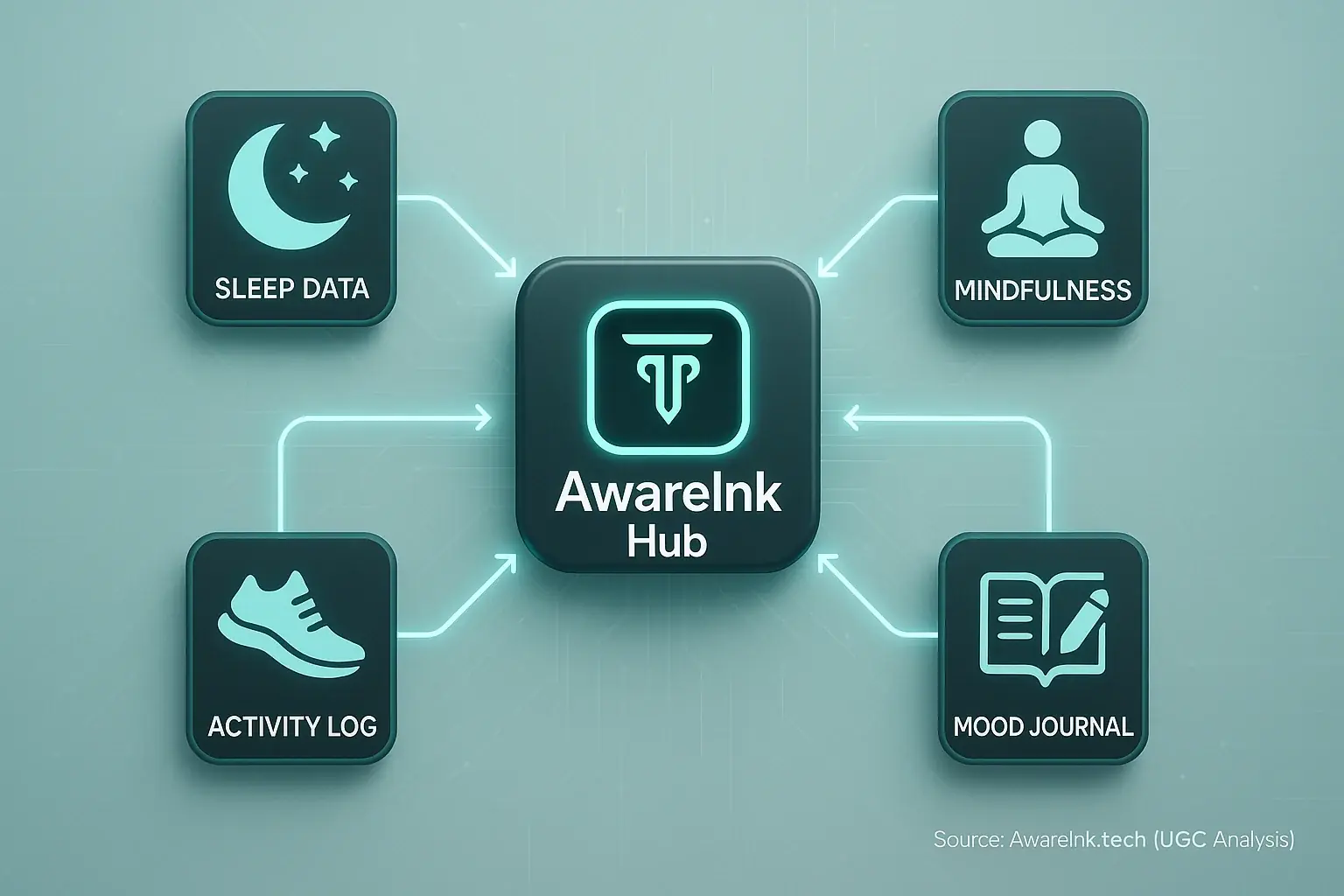 Smart tattoo app icon integrating sleep, meditation, fitness, & journaling data into a cohesive personal wellness ecosystem.