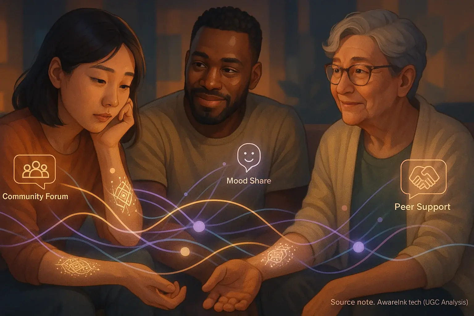 Diverse users interacting via smart tattoo app, linked by abstract visuals that convey community and shared vibes.