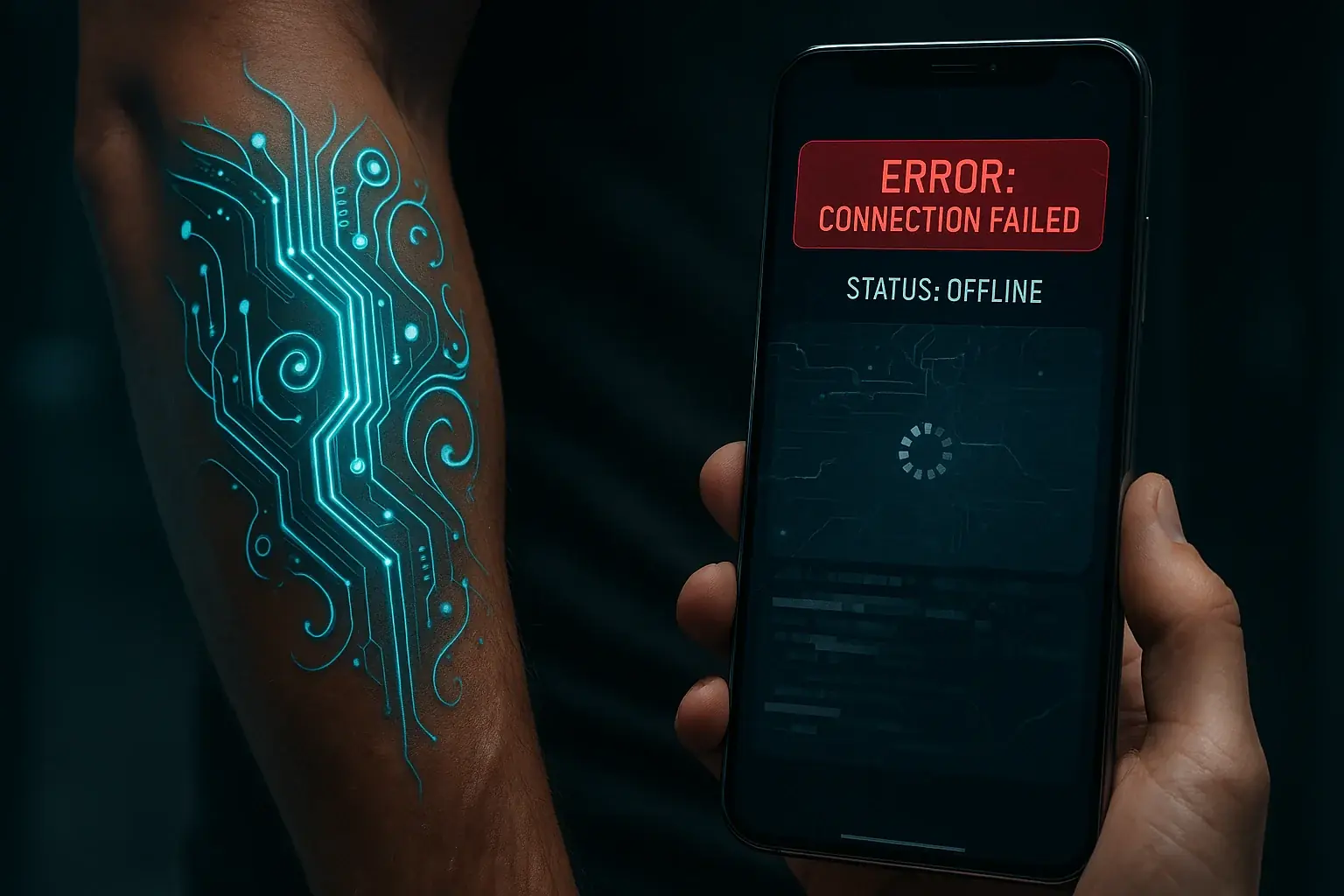 Sleek futuristic arm tattoo contrasts with a glitchy, failing phone app, illustrating the ultimate tech user frustration.