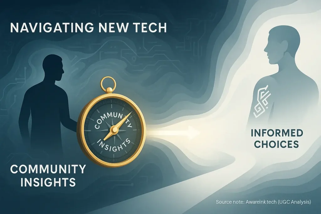 Crowd wisdom as a compass in foggy tech, with text 'Navigating New Tech', 'Community Insights', 'Informed Choices'.