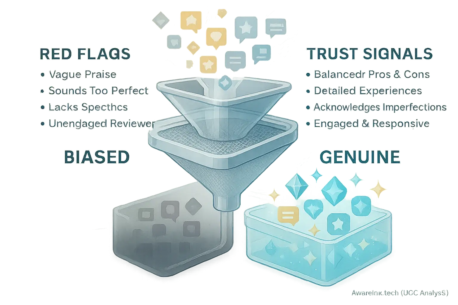 Infographic: Sieve separates glowing genuine mood tattoo feedback (trust signals) from murky biased noise (red flags)