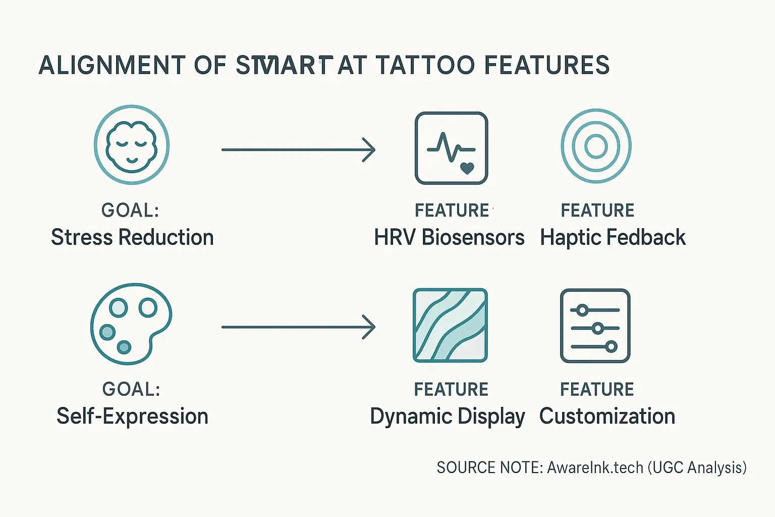 Infographic aligning personal goals (e.g., stress reduction) to smart tattoo features (e.g., HRV biosensors) with icons &