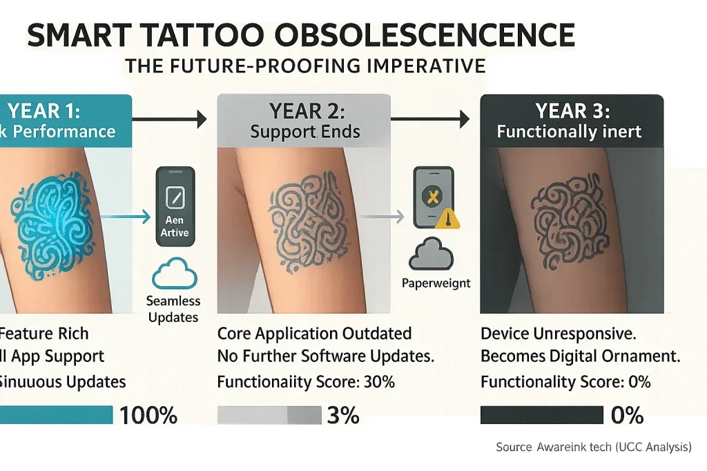 Infographic timeline: Smart tattoo evolution shows rapid tech obsolescence, stressing future-proofing.